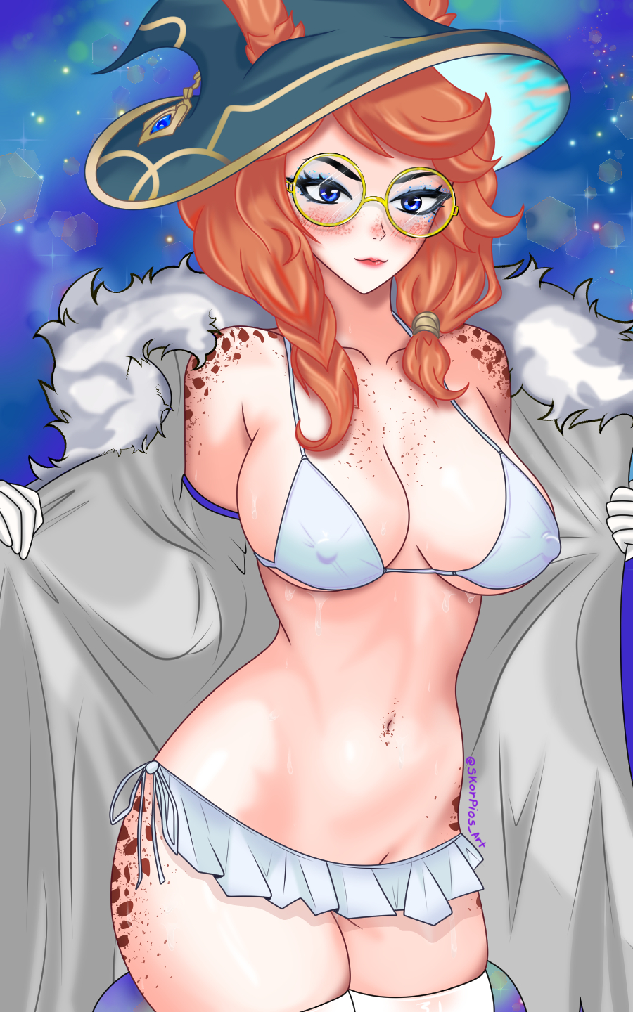 ass aurora_(league_of_legends) big_ass bikini bikini_top blue_eyes breasts coat comission erect_nipples fan_art female female_focus female_only freckles freckles_on_ass freckles_on_breasts freckles_on_face goggles large_breasts large_hips league_of_legends looking_pleasured naked nude open_coat pervert_female smiling solo sweat twitter_username young