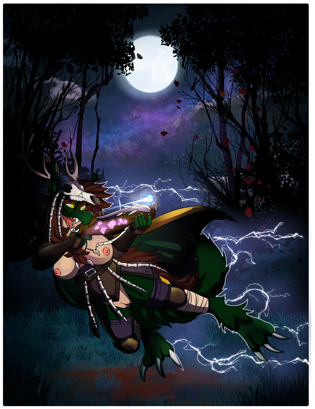 action_pose alkimos anthro antlers armor big_breasts bone breasts brown_hair cape chest_tuft claws clothed clothing countershading crossbow deer_skull detailed_background digital_media_(artwork) digitigrade dragon electricity electricity_manipulation elemental_manipulation fangs feet female fingers forest forest_dragon fur genitals gloves glowing glowing_eyes grass green_body green_fur hair handwear headgear hi_res holding_object holding_ranged_weapon holding_weapon horn ineffective_clothing innie_pussy jewelry knee_pads lightning magic magic_user moon multicolored_body mythological_creature mythological_scalie mythology necklace night nipples open_mouth outside partially_clothed plant pose pussy ranged_weapon riboo runes scalie skull sky solo tail tan_body tan_countershading teeth tongue tree tuft two_tone_body unconvincing_armor weapon were weredragon yellow_eyes