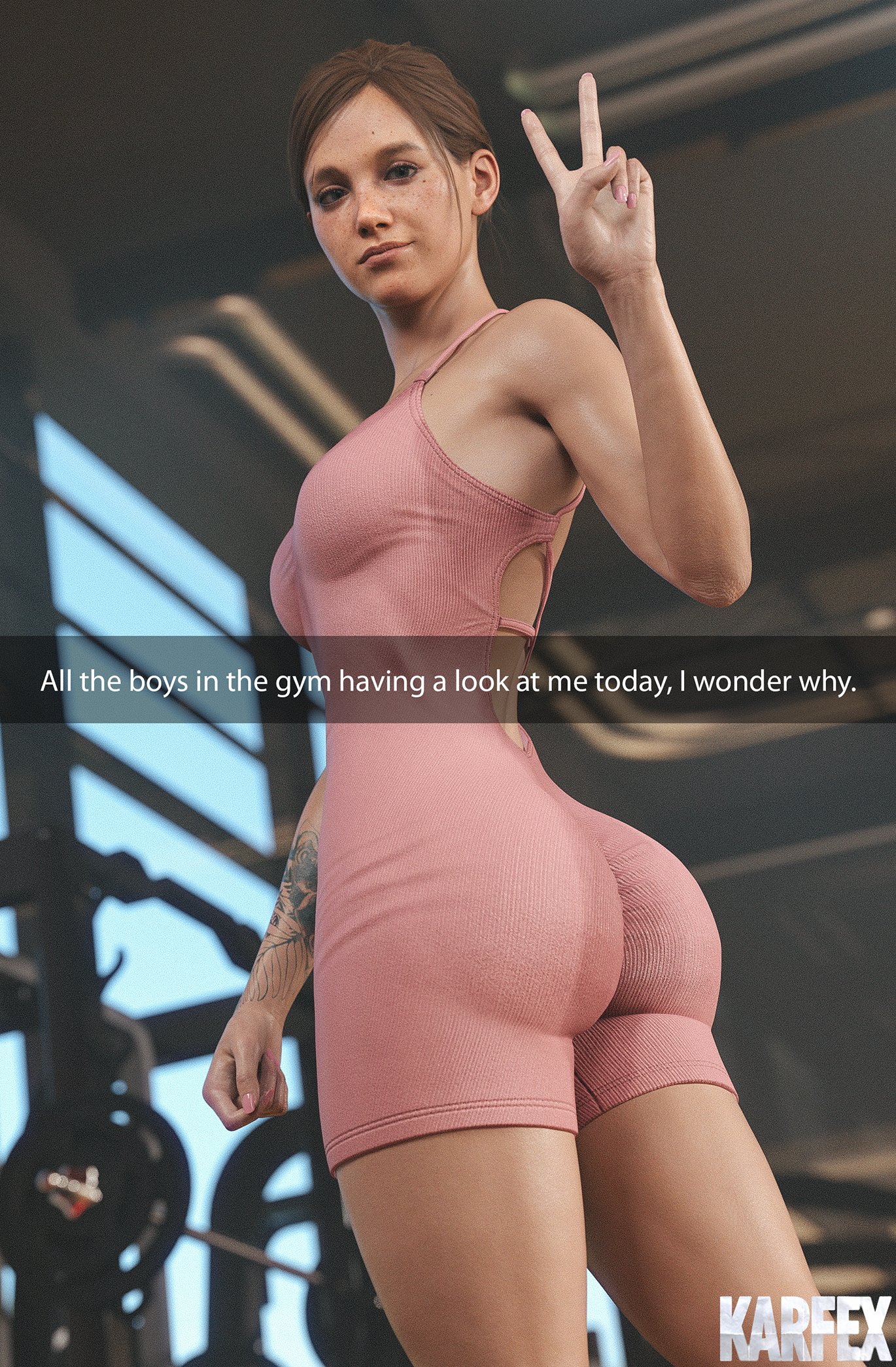 3d, ass, breasts, bubble ass, bubble butt, busty, ellie (the last of us), ellie williams, female, female focus, female only, full color, fully clothed, gym, gym clothes, hourglass figure, karfex, naughty dog, no penetration, pink nail polish, solo, solo female, tagme, tattoo, text, the last of us, the last of us 2, v, v sign, wide hips