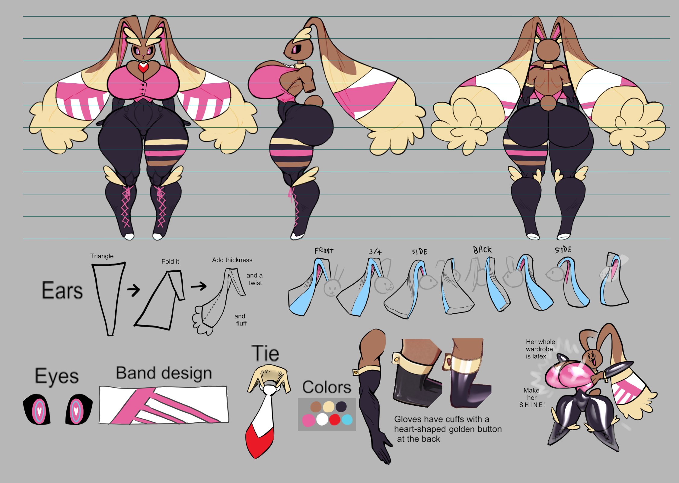 anthro, ass, big ass, big breasts, boots, breasts, bubble ass, bubble butt, character sheet, female, gloves, heart-shaped pupils, huge ass, huge breasts, latex, lopunny, noonun, pokémon (species), pokemon, pokemon (species), reference sheet, thick thighs, wide hips