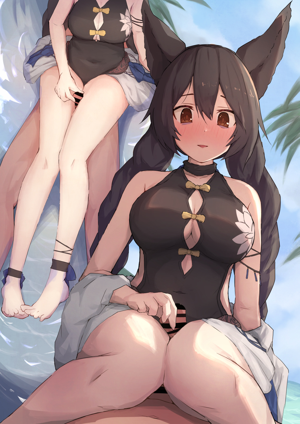 1boy animal_ears bare_shoulders black_hair black_one-piece_swimsuit blush braid breasts brown_eyes censored cleavage erection erune female granblue_fantasy grinding highres large_breasts long_hair looking_at_viewer lypele multiple_views nier_(granblue_fantasy) nier_(lover_by_the_lily_lake)_(granblue_fantasy) one-piece_swimsuit parted_lips penis sitting sitting_on_person straight swimsuit thigh_sex thighs twin_braids