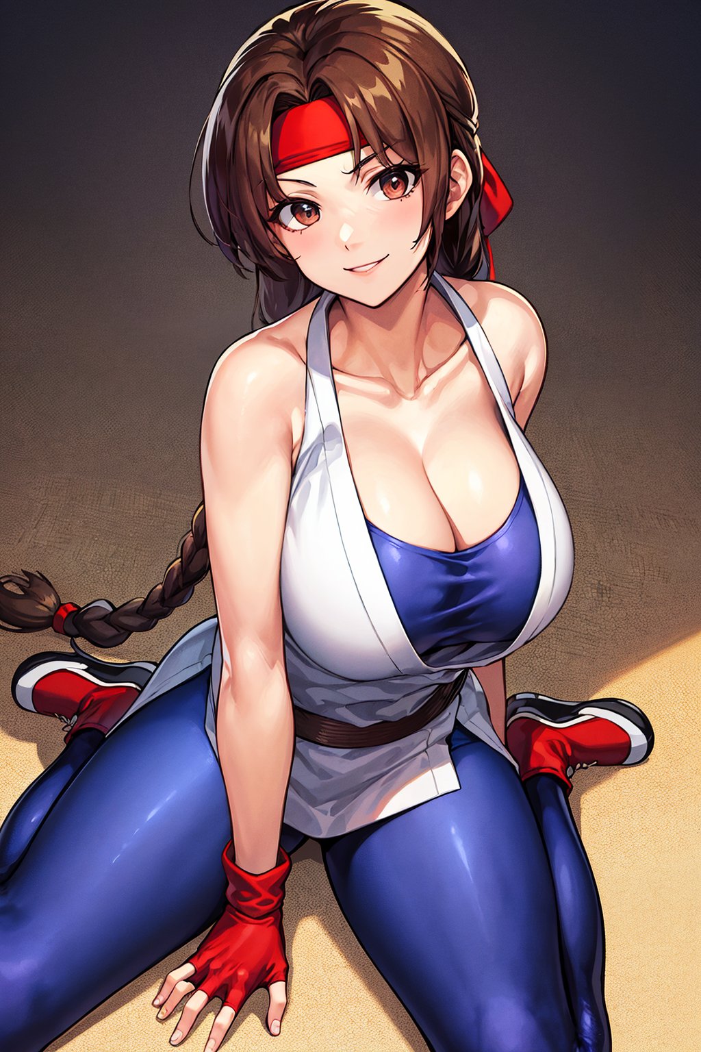 1girls ai_generated bandana big_breasts braid braided_ponytail breasts brown_hair cute female from_above gloves karate_gi king_of_fighters legs light-skinned_female light_skin long_hair looking_at_viewer red_shoes shoes sitting sitting_on_floor skirt smiling smiling_at_viewer sneakers spandex thick thick_thighs thighs tied_hair wide_hips yoga_pants yuri_sakazaki