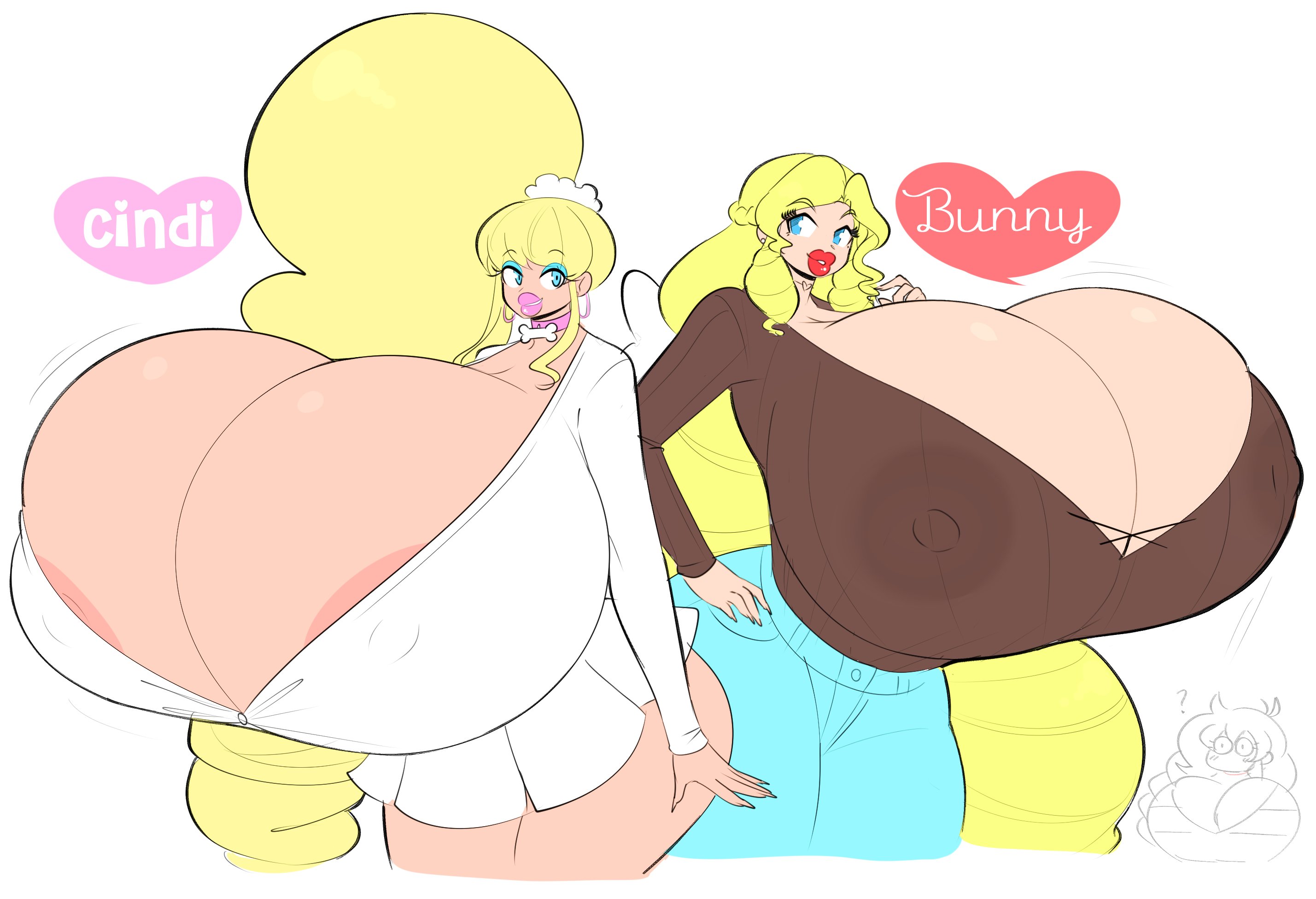 2girls, areolae, big breasts, big lips, bimbo, bimbo lips, blonde hair, breast focus, breasts, bunny peterson (theycallhimcake), busty, character name, cindi (theycallhimcake), cleavage, duo, female, female focus, female only, fully clothed, giant breasts, gigantic breasts, huge breasts, huge lips, hyper, hyper breasts, lipstick, long hair, massive breasts, revealing clothes, round breasts, theycallhimcake, thick lips, top heavy