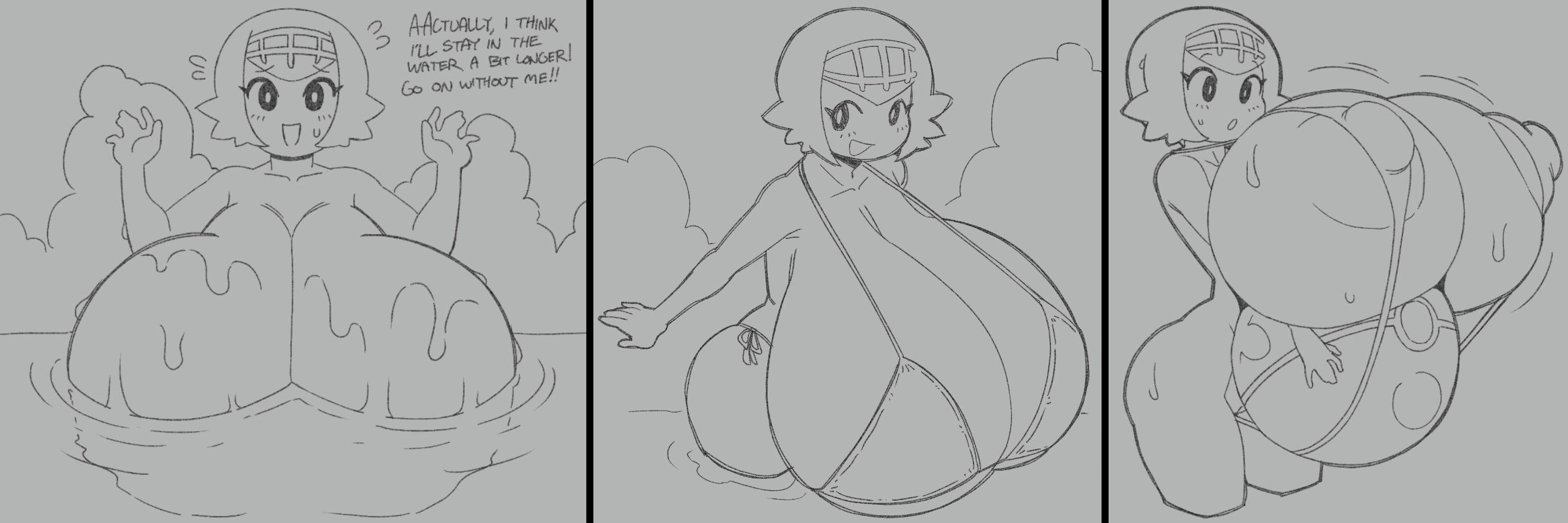 1girls, alternate breast size, angstrom, bikini, breasts, breasts bigger than head, censored nipples, convenient censoring, cute, female, female only, huge breasts, hyper, hyper breasts, inner sideboob, lana (pokemon), looking at viewer, nervous, nintendo, nude, pokemon, sideboob, solo, water
