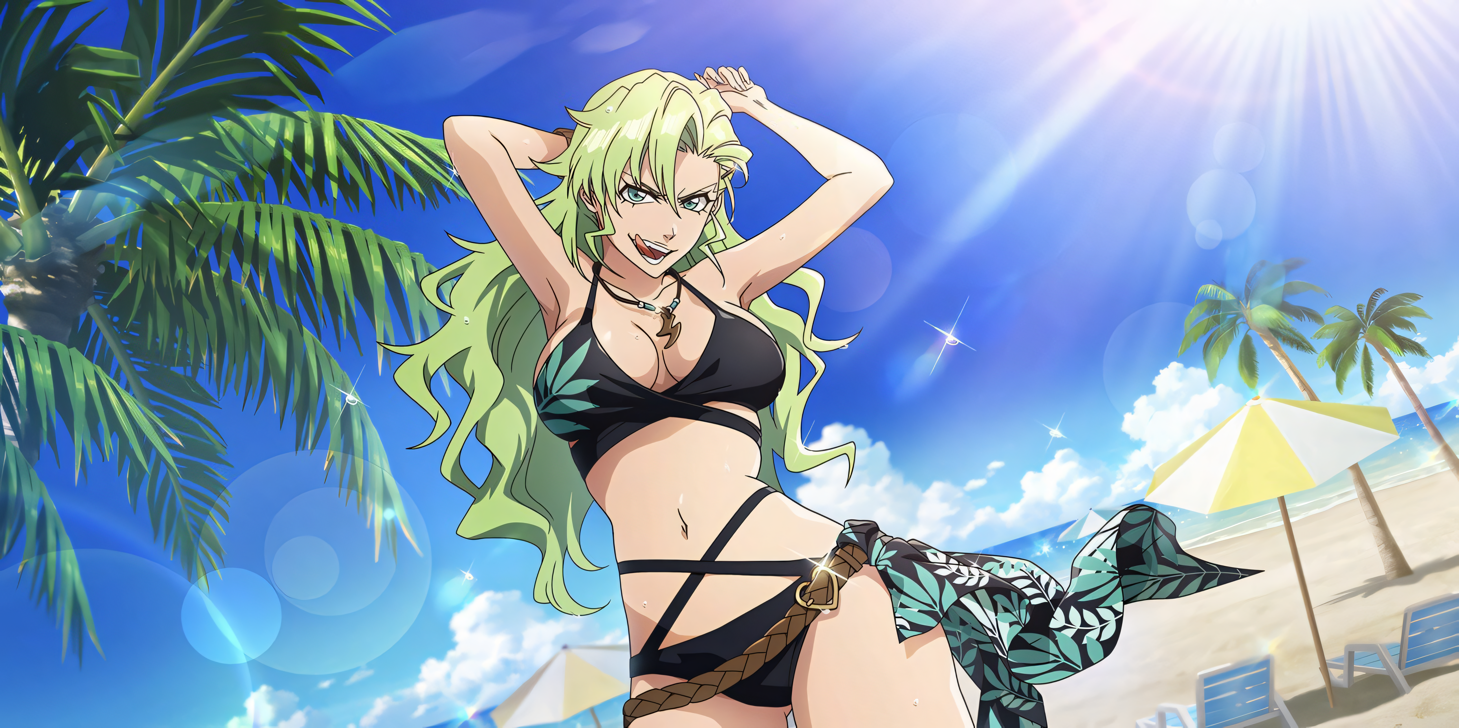 1girls, beach, bikini, black swimsuit, bleach, bleach brave souls, breasts, candice catnipp, female, green eyes, large breasts, official art, palm tree, swimsuit, tongue, tongue out, umbrella