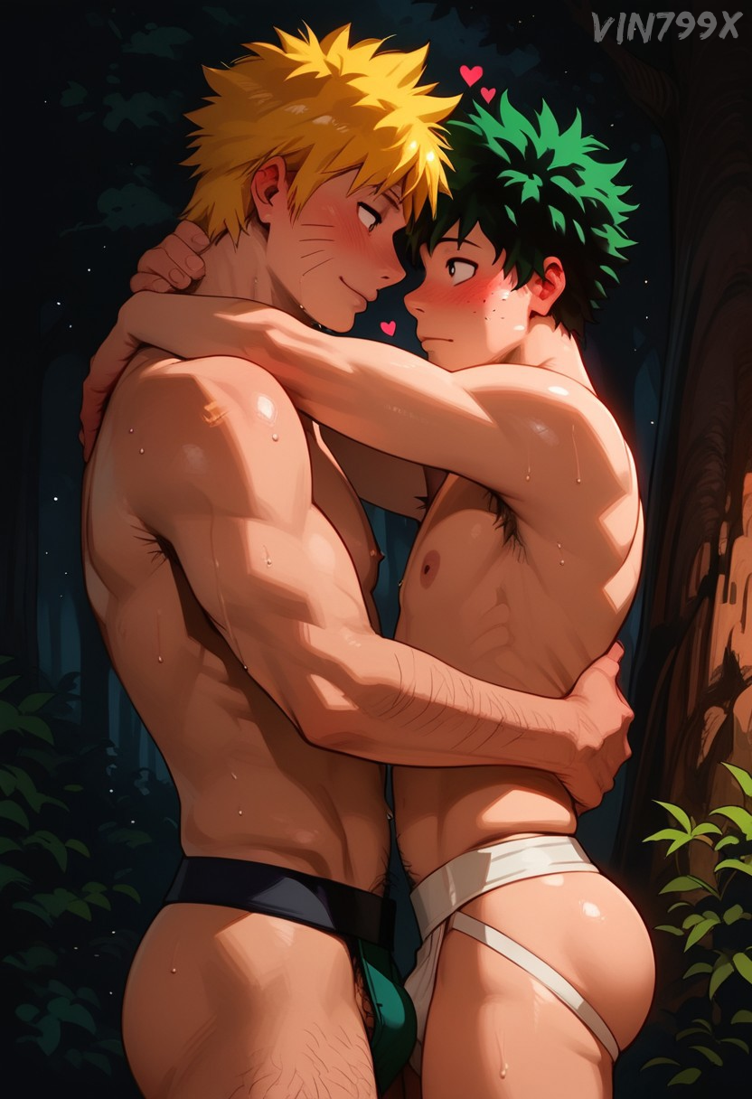 2boys ai_generated armpit_hair ass blush boku_no_hero_academia bulge crossover flustered forest gay heart hearts_around_head hugging izuku_midoriya jockstrap looking_at_another looking_at_partner lovers male male/male male_only my_hero_academia naruto neck_grab nipples size_difference smile sweat tree underwear underwear_swap uzumaki_naruto uzumaki_naruto vin799 waist_grab yaoi