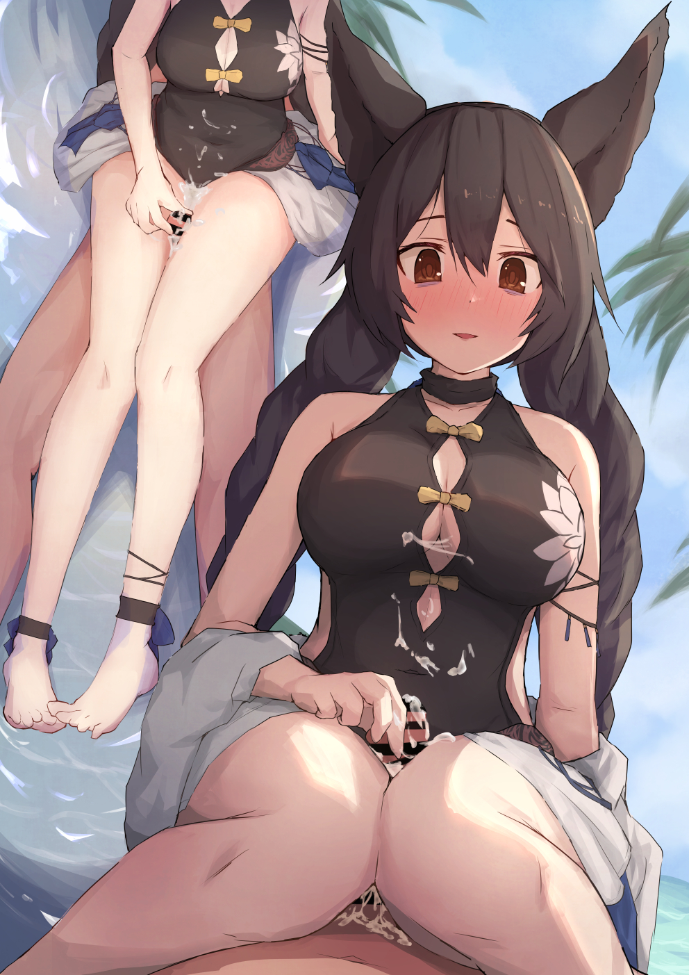 1boy animal_ears bare_shoulders black_hair black_one-piece_swimsuit blush braid breasts brown_eyes censored cleavage cum erection erune female granblue_fantasy grinding highres large_breasts long_hair looking_at_viewer lypele multiple_views nier_(granblue_fantasy) nier_(lover_by_the_lily_lake)_(granblue_fantasy) one-piece_swimsuit parted_lips penis sitting sitting_on_person straight swimsuit thigh_sex thighs twin_braids