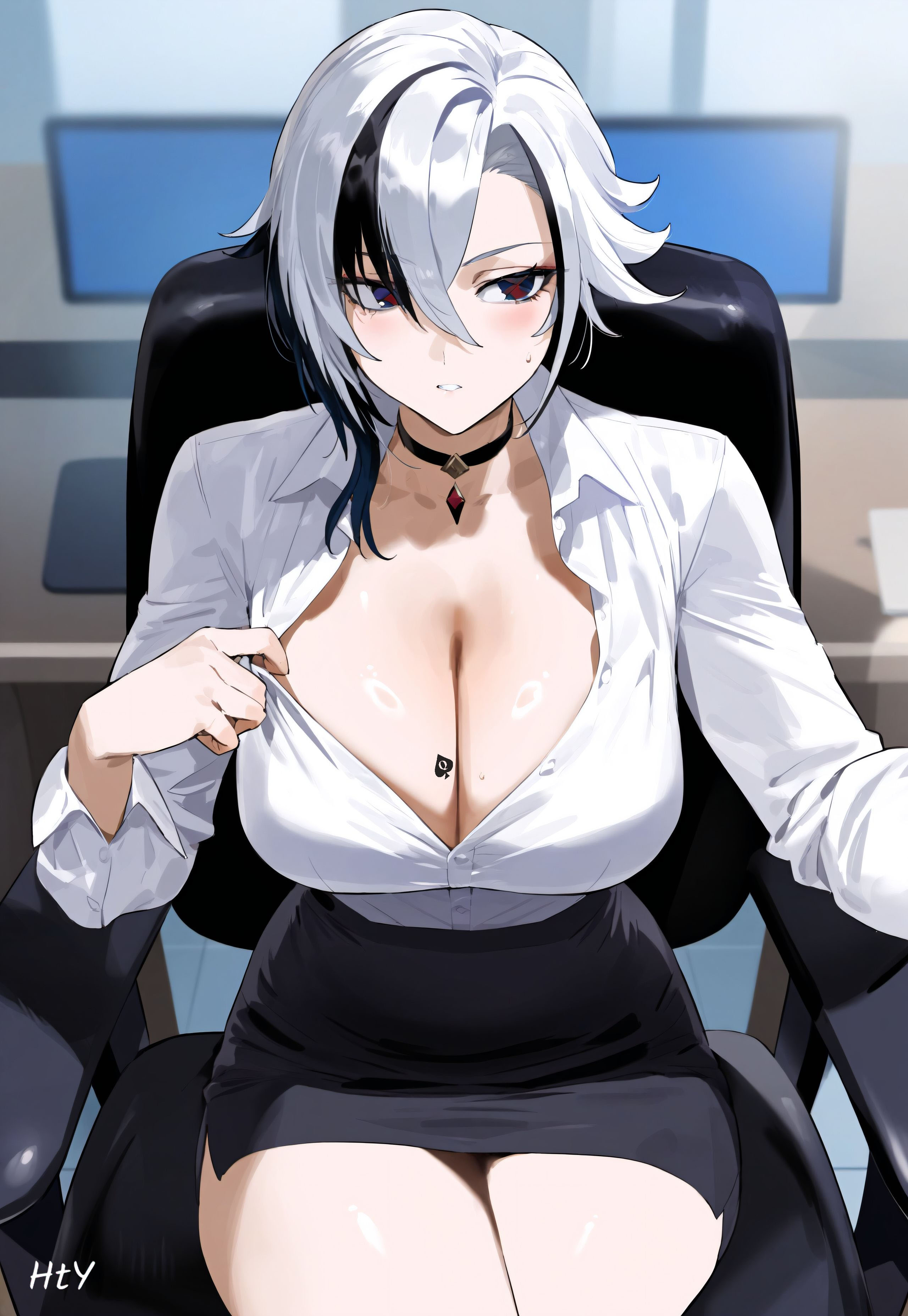 1girls, ai generated, arlecchino (genshin impact), breasts, choker, cleavage, curvy, female, female only, genshin impact, helltoyou, large breasts, light skin, light-skinned female, miniskirt, multicolored hair, office lady, pencil skirt, qos, qos tattoo, queen of spades, self upload, shirt pull, sitting, solo, spade tattoo, thick thighs, thighs, white hair, white shirt, wide hips