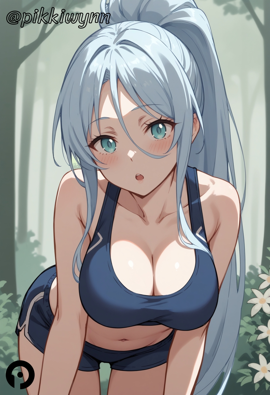 :o ai_generated bangs bare_arms bare_shoulders bent_over blue_eyes blue_hair blue_shorts blush breasts cleavage collarbone cowboy_shot crop_top dolphin_shorts female flower hair_between_eyes large_breasts leaning_forward long_hair looking_at_viewer midriff nature navel open_mouth outdoors pikkiwynn ponytail short_shorts shorts sidelocks sleeveless solo sports_bra stomach sylpha_langlis tensei_shitara_dai_nana_ouji_dattanode,_kimamani_majutsu_o_kiwamemasu thighs tree very_long_hair