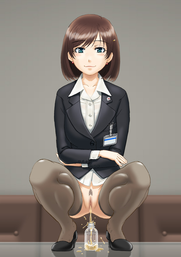 bottomless brown_hair censored formal green_eyes looking_at_viewer mosaic_censoring name_tag office_lady ogino_atsushi original pee_into peeing peeing_in_cup pubic_hair pussy short_hair skirt_suit smile squatting suit thighhighs