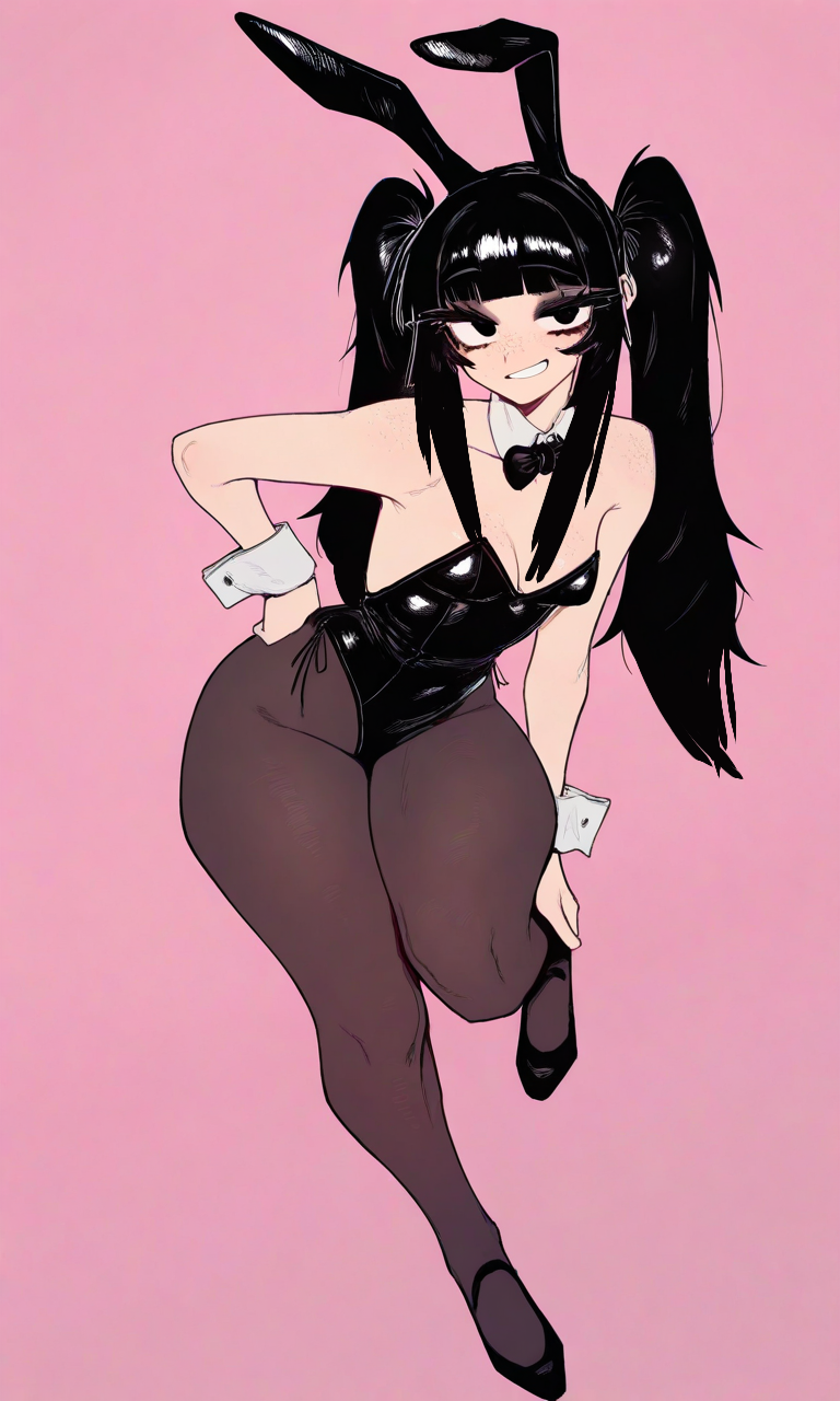 1girls ai_generated bangs black_bunnysuit black_eyes black_hair bow bunny_costume bunny_ears bunny_girl bunny_suit bunnygirl bunnysuit dress_up dressed eyelashes female female_focus female_only female_solo fringe hand_on_hip heels human human_only light-skinned_female long_hair no_sex one_leg_up pantyhose pink_background playboy_bunny playboy_bunny_costume safe_for_work sfw small_breasts smirk solo solo_female twintails twintails_(hairstyle) wide_hips yui_chan