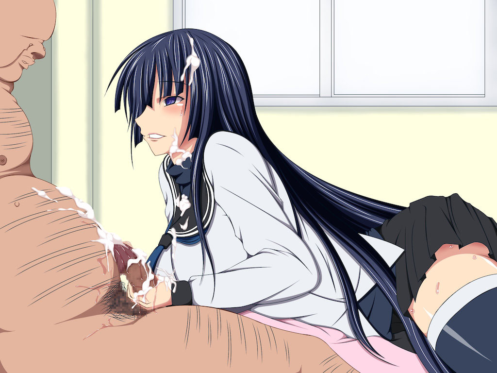 black_hair blue_hair blush breasts censored cfnm clothing cum cum_on_hair empty_eyes facial fat_man hair hairy handjob hypnosis kampfer long_hair mind_control sangou_shizuku school_uniform side_view skirt sweat