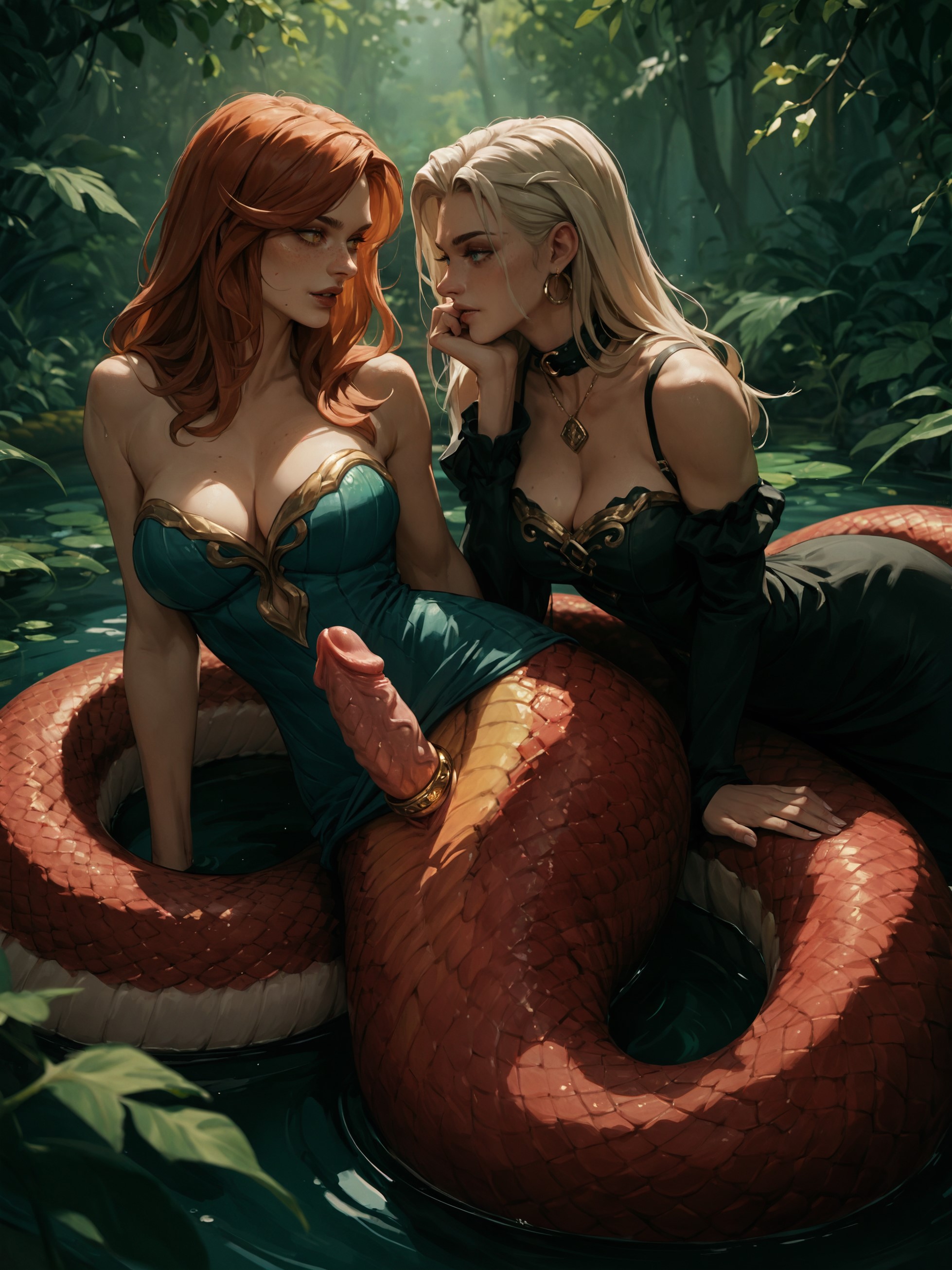 2girls, ai assisted, ai generated, female, futanari, intersex, lamia, melk, naga, penis, tagme