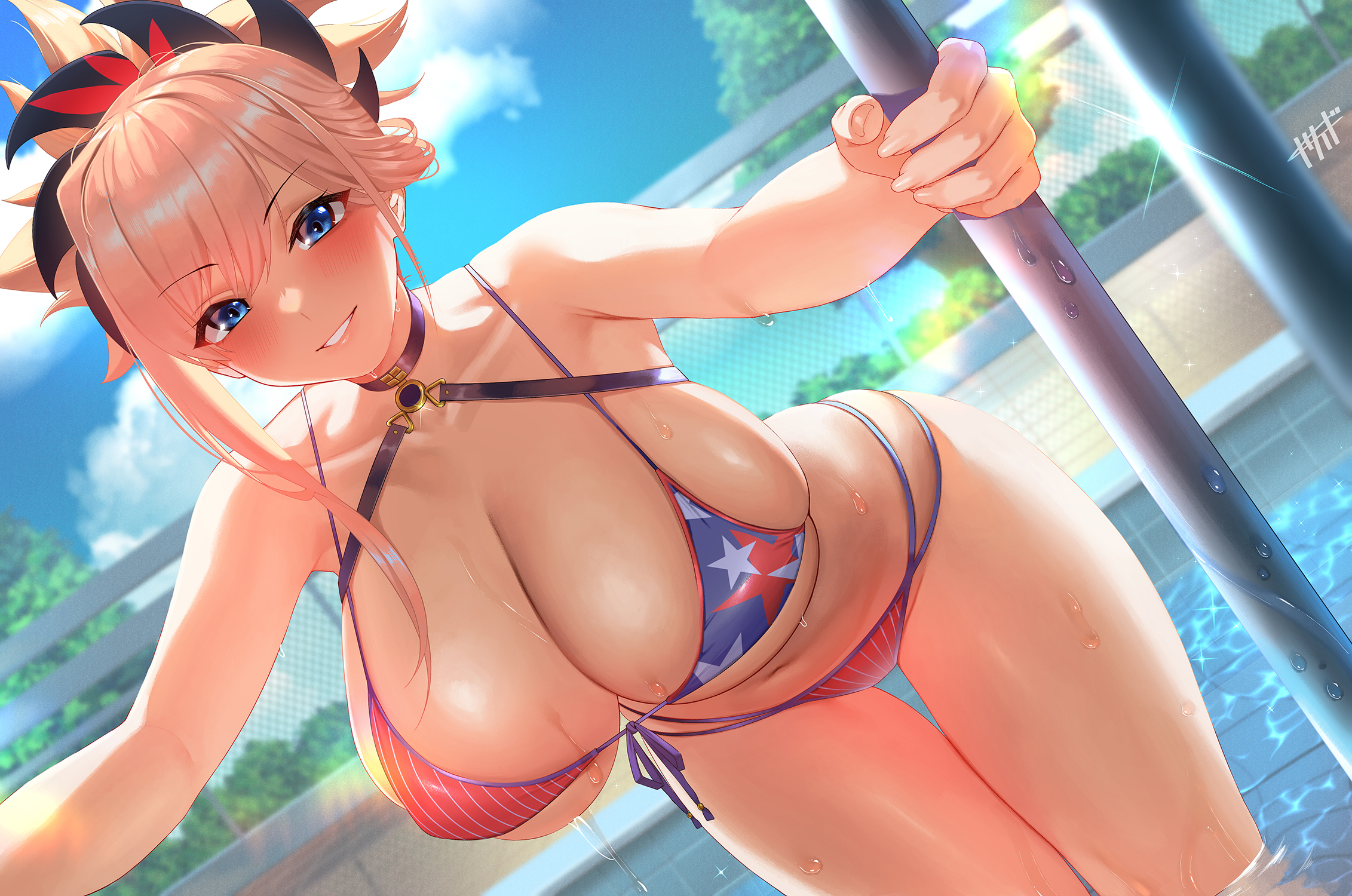 1girls, american flag bikini, bikini, blue eyes, breasts, cleavage, fate (series), fate/grand order, female, huge breasts, kisaragi tsurugi, light skin, light-skinned female, long hair, miyamoto musashi (fate), miyamoto musashi (swimsuit berserker), naughty face, pink hair, swimsuit