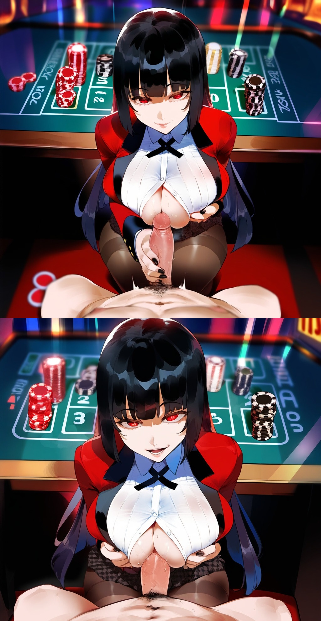 1boy 1girls ai_generated clothed_female_nude_male hime_cut imminent_paizuri jabami_yumeko kakegurui large_breasts paizuri penis perpendicular_paizuri pov school_uniform squeezing_breast thiccwithaq_(ai_style) tittyg-ai unbuttoned_shirt