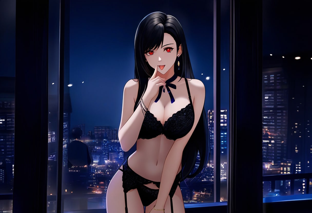 ai_generated black_bra black_hair black_panties bracelet cityscape earrings facing_viewer female female_only final_fantasy_vii garter_belt indoors large_breasts licking_finger lingerie lingerie_only long_hair looking_at_viewer neck_ribbon night novelai open_mouth presenting red_eyes seductive_look seductive_smile standing tifa_lockhart window