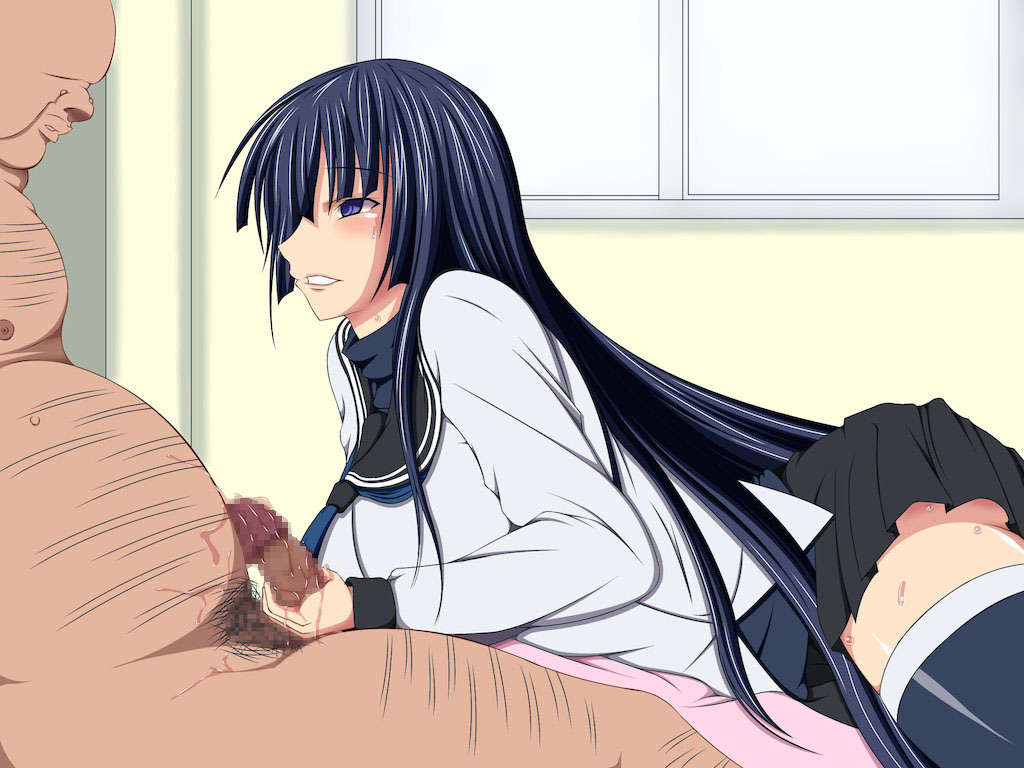 blue_hair blush breasts censored cfnm clothing empty_eyes fat_man handjob hypnosis kampfer long_hair mind_control pubic_hair sangou_shizuku school_uniform skirt sweat ugly_man