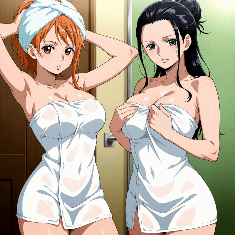 2d, 2girls, ahegao ai, ai animated, ai generated, animated, animation, black hair, black-haired female, breasts, breasts out, female, female focus, female only, motion lines, nami (one piece), nico robin, one piece, orange hair, orange-haired female, towel, towel only, undressing