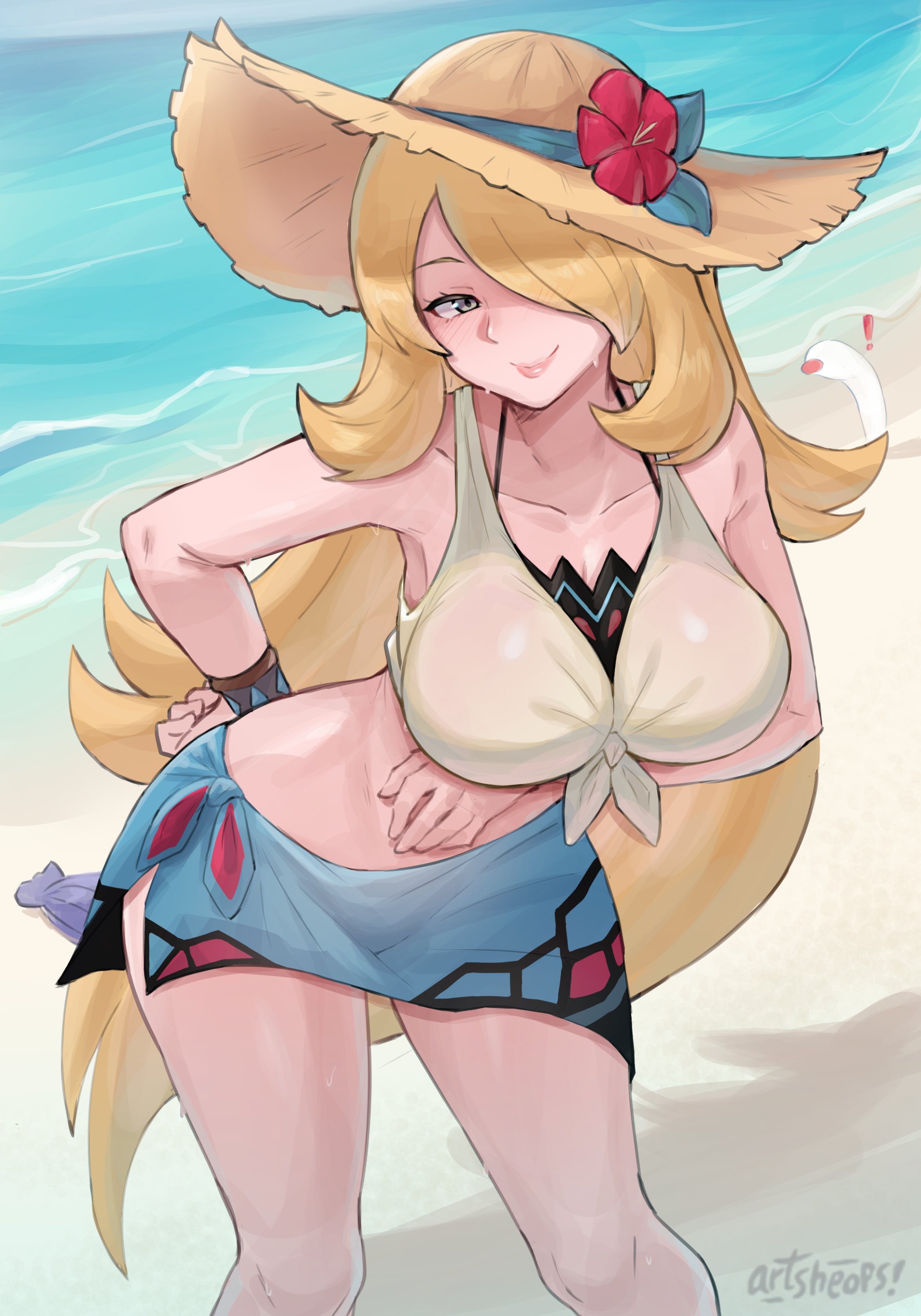 1girls, absurdres, alternate costume, artsheops, beach, blonde hair, blush, bracelet, breasts, cynthia (pokemon), cynthia (summer 2025) (pokemon masters), female, female only, flower ornament, grey eyes, hair over one eye, hat, highres, jewelry, large breasts, leaning forward, long hair, looking at viewer, nintendo, official alternate costume, pokemon, pokemon (species), pokemon masters, pokemon masters ex, shellder, shirt, side-tie skirt, smile, solo, sun hat, swimsuit, swimsuit under clothes, tied shirt, very long hair, wiglett