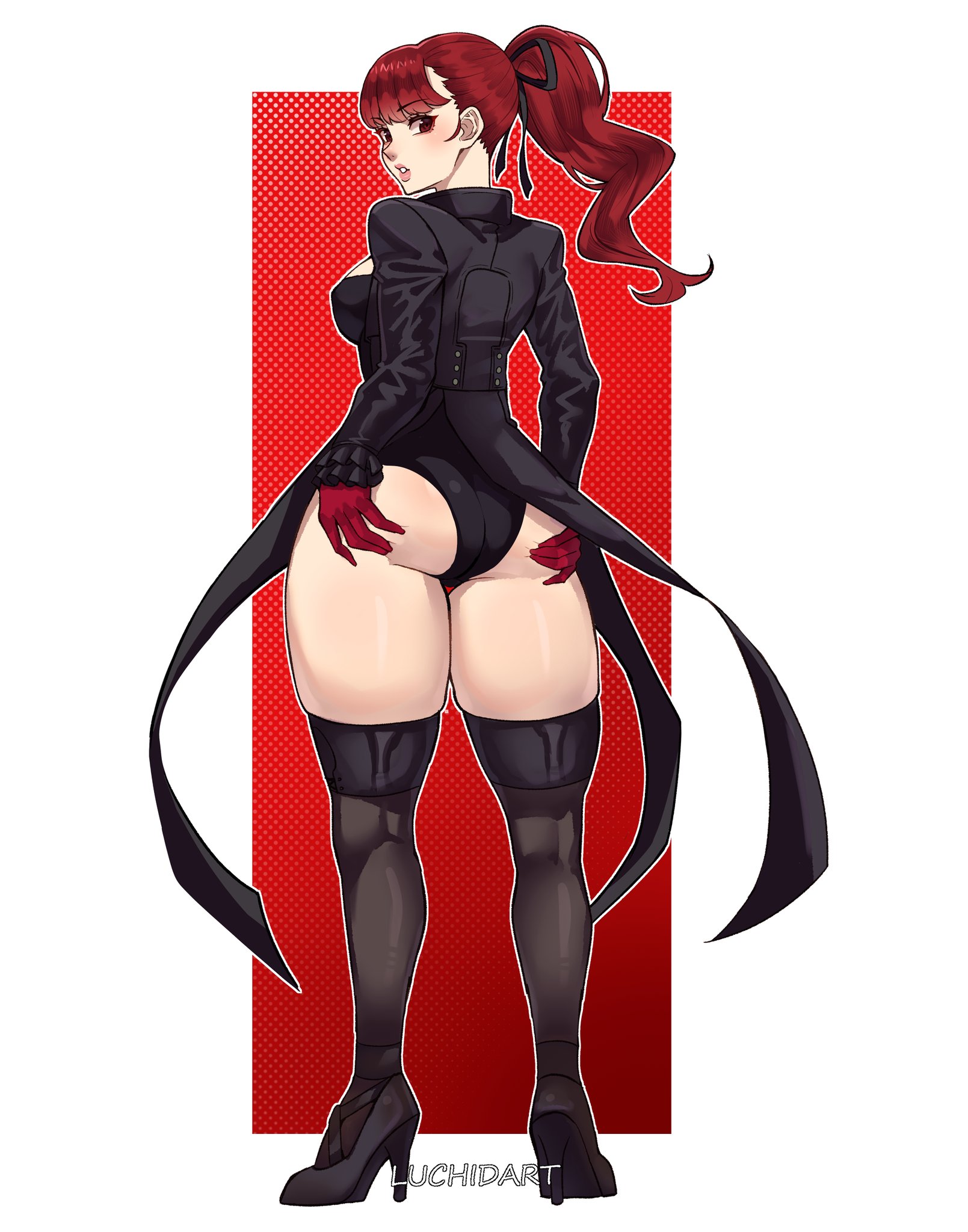 1girls, ass, ass focus, bangs, black footwear, black jacket, black legwear, black leotard, black ribbon, blush, boots, breasts, butt focus, coattails, female, female focus, female only, from behind, full body, gloves, hair ribbon, high heels, jacket, kasumi yoshizawa, leotard, long hair, long sleeves, looking at viewer, looking back, luchidart, open clothes, parted lips, persona, persona 5, persona 5 royal, phantom thief suit, polka dot, polka dot background, ponytail, red eyes, red gloves, red hair, ribbon, shiny, shiny hair, solo, solo female, solo focus, standing, sumire yoshizawa, thighhighs, thighs