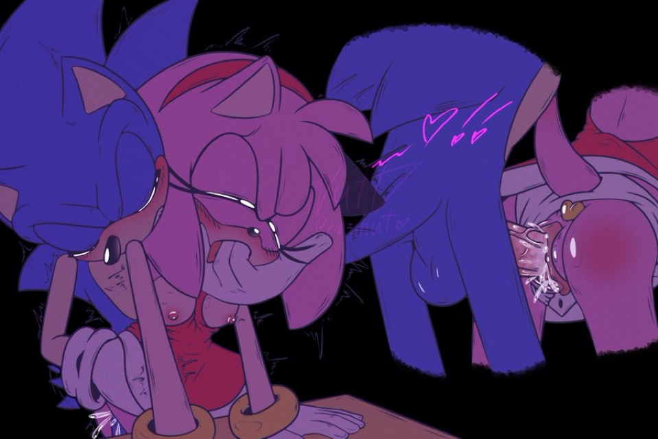 1boy, 1girls, amy rose, anthro, anthro on anthro, areolae, artist request, ass, balls, blue body, blue fur, blush, breasts, breasts out, buttplug, closed eyes, cum, cum in pussy, cum inside, female, fingers in mouth, from behind, looking at partner, male, nipples, panties aside, partially clothed, penis, pink body, pink fur, pussy, skirt up, sonic (series), sonic the hedgehog, sonic the hedgehog (series), tail, testicles