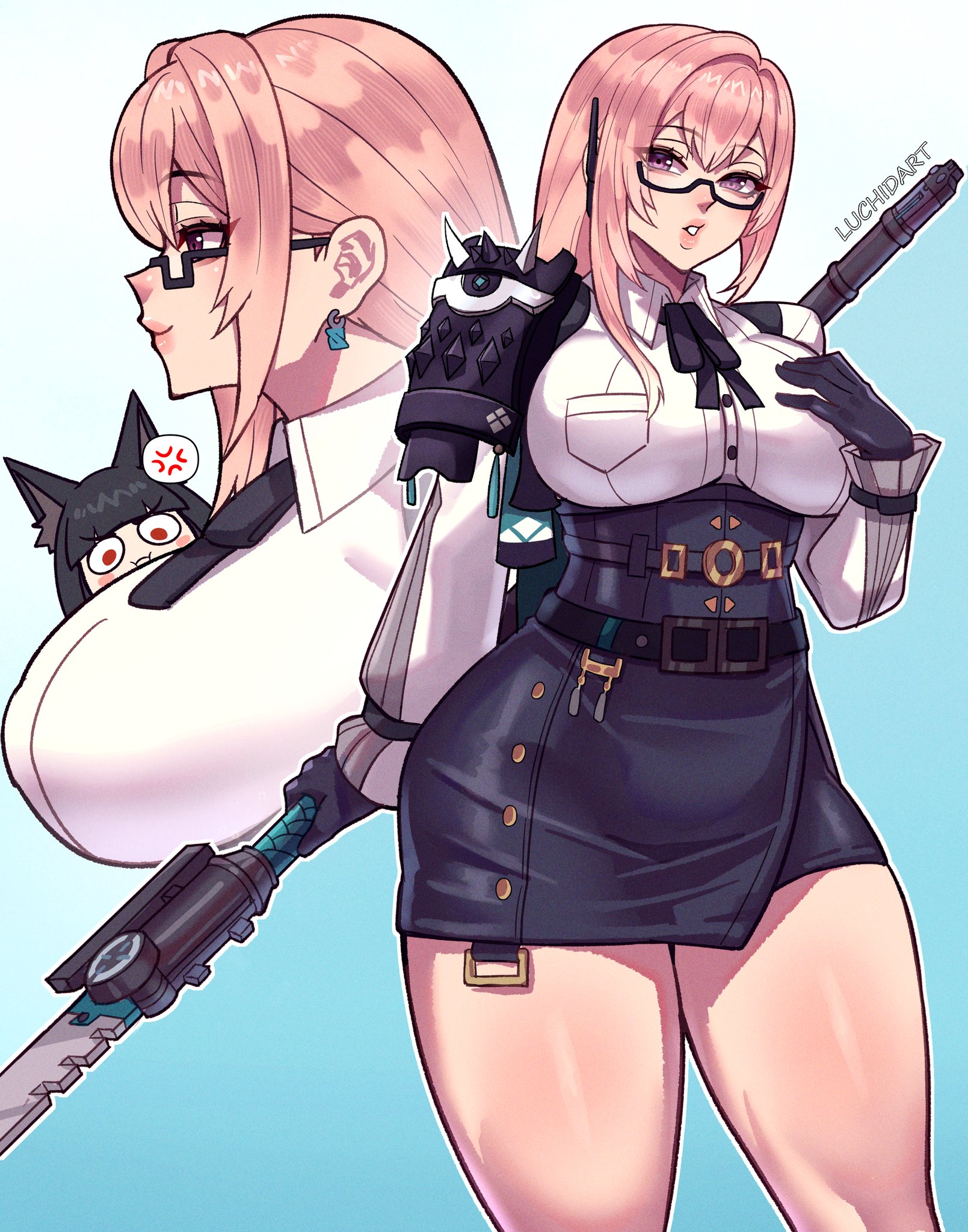 2girls, animal ears, black gloves, black hair, black skirt, blunt bangs, breast envy, breasts, female, female only, fox ears, fox girl, glasses, gloves, hair between eyes, high-waist skirt, highres, hoshimi miyabi, large breasts, long hair, looking at breasts, looking at viewer, luchidart, multiple females, multiple girls, multiple views, nonude, open mouth, pink hair, purple eyes, red eyes, shirt, sidelocks, skirt, speech bubble, tsukishiro yanagi, white shirt, zenless zone zero