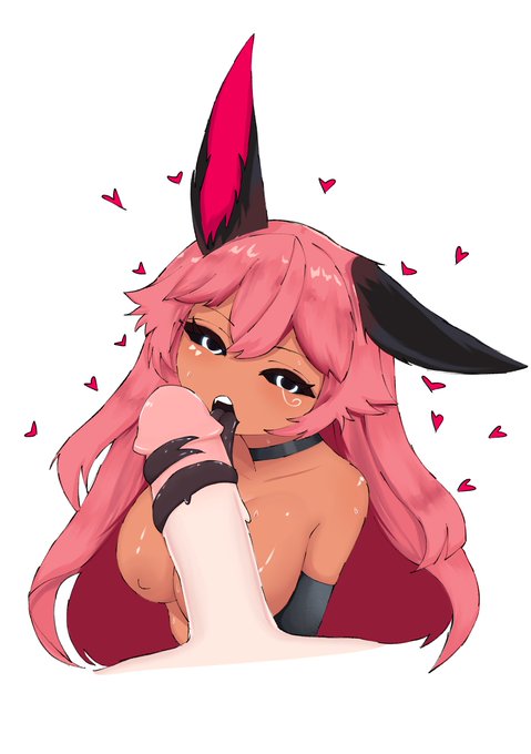 animal ears, big breasts, breasts, character request, female, hearts around head, licking penis, long hair, long tongue, male, naked, penis, pink hair, szpecter, tongue wrap, trickywi, virtual youtuber, vtuber, white eyes
