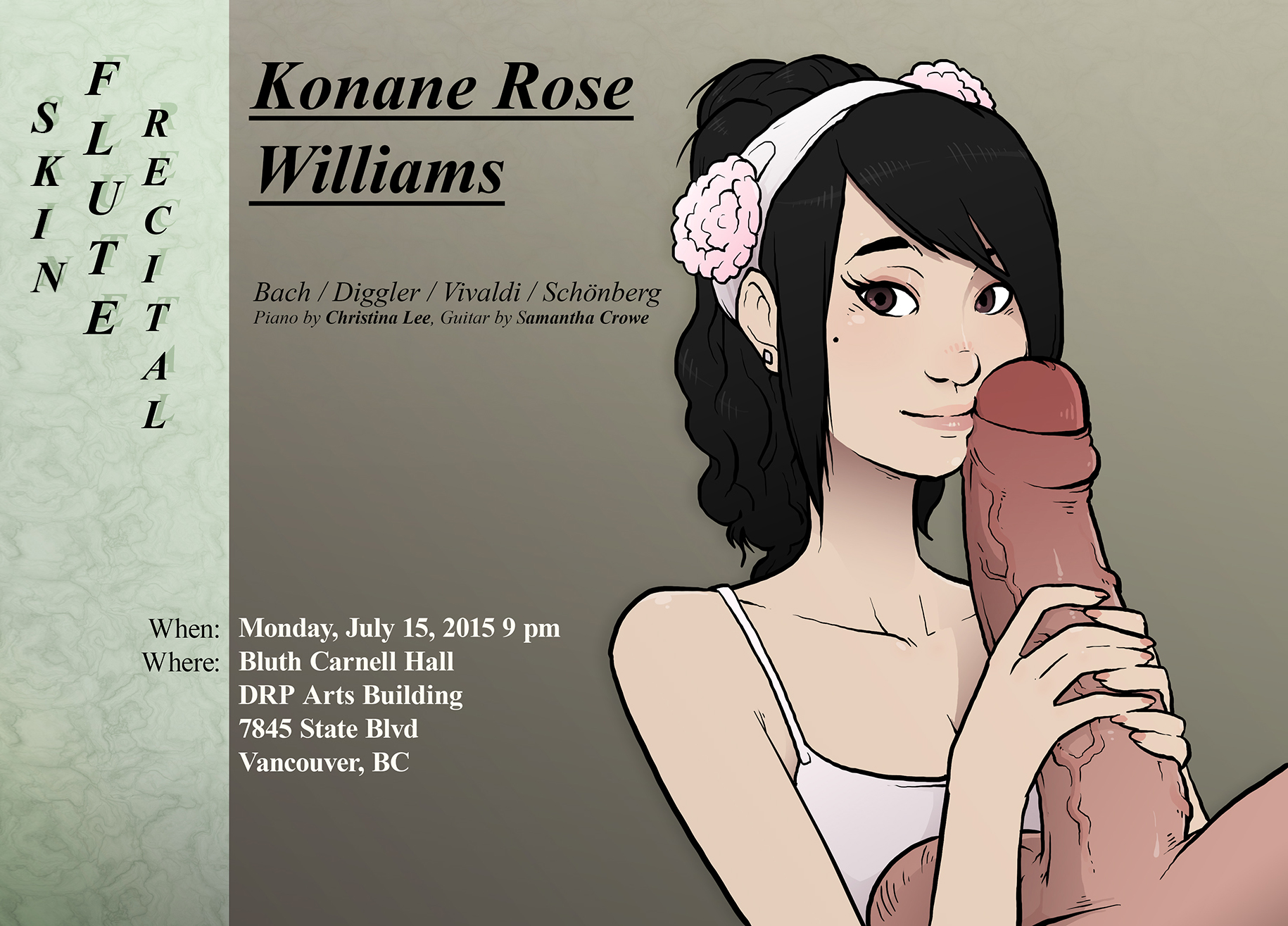 1boy, 1girls, asian, asian female, balls, big penis, biracial, biracial female, black hair, brown eyes, cute, earrings, female, foreskin, gigantic penis, hair ornament, hairband, holding penis, imminent oral, konane rose williams, large balls, large penis, large testicles, long penis, looking at viewer, male, oral, partial male, penis, penis on face, petite, skinny, slim, smile, sparrow (artist), teenager, testicles, uncircumcised, young