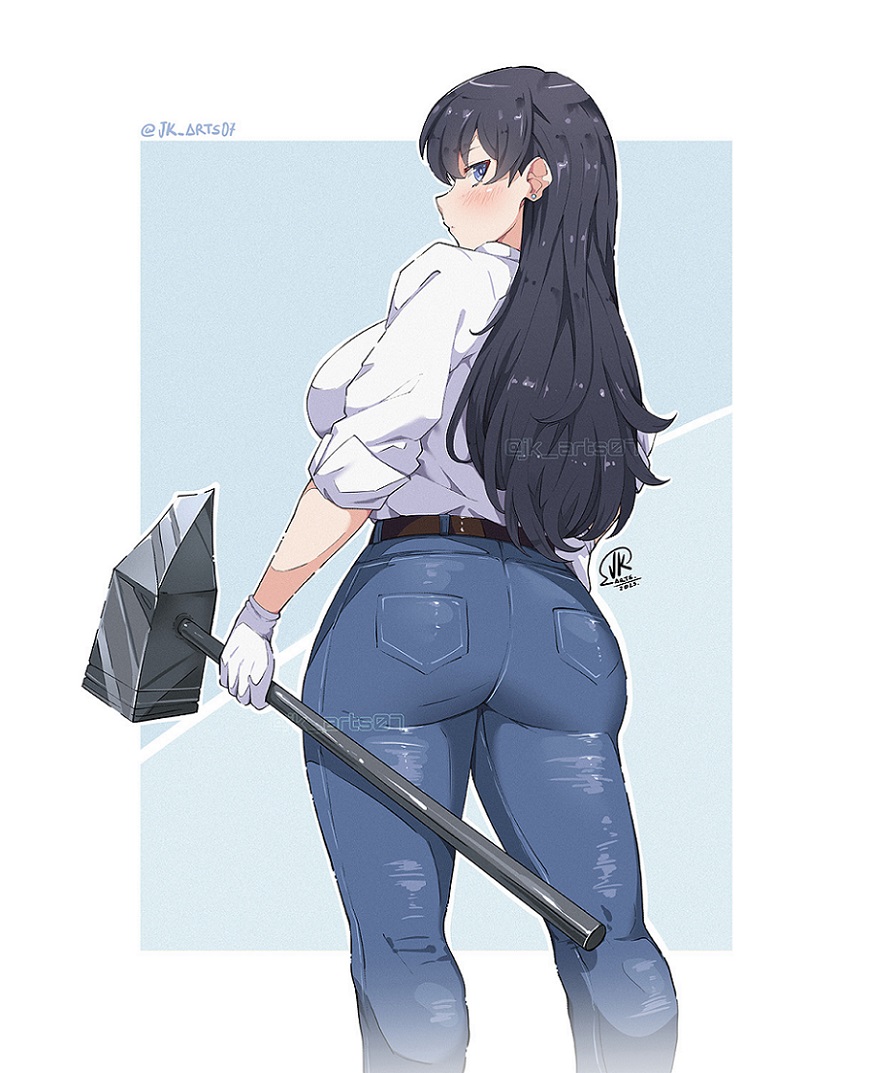 1girls, arato nagi, ass, belt, black belt, black hair, breasts, denim, female, female only, from behind, fully clothed, gloves, grey eyes, hammer, jeans, jk arts, jk arts07, large breasts, long hair, pants, questionable, ruri no houseki, shirt, sledgehammer, solo, solo female, tool, white gloves, white shirt, work gloves