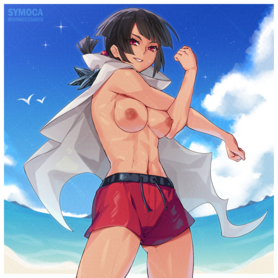 1girls, abs, bangs, beach, black hair, bob cut, breasts, breasts out, cape, female, female only, game freak, hair ornament, human only, light skin, light-skinned female, looking at viewer, male swimwear challenge, muscular, muscular female, nintendo, nipples, pokemon, pokemon oras, red eyes, solo, stretching, sweat, swimming trunks, symoca, topless, zinnia (pokemon)