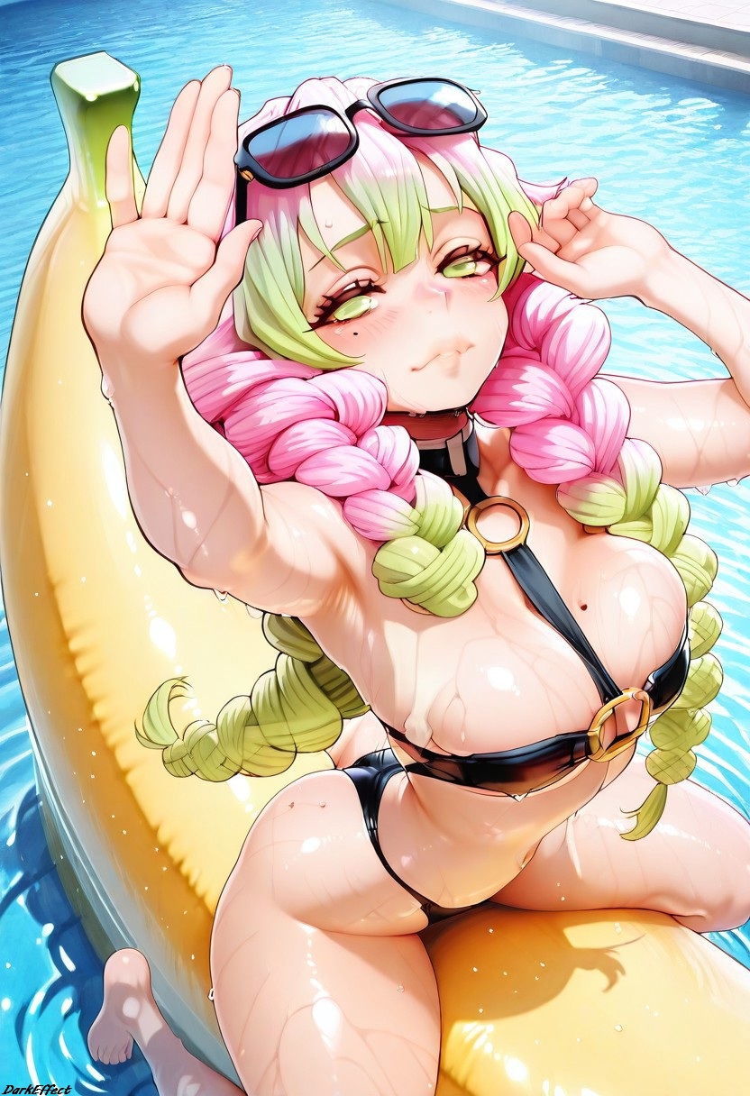 1girls, ai generated, banana, bikini, bikini bottom, bikini top, darkeffect, day, daytime, demon slayer, eyewear on head, female, female focus, female only, floating object, kanroji mitsuri, kimetsu no yaiba, looking at viewer, partially clothed, pool, pool float, pool toy, solo, solo female, solo focus, sunglasses, swimming pool, swimsuit, swimwear, wet