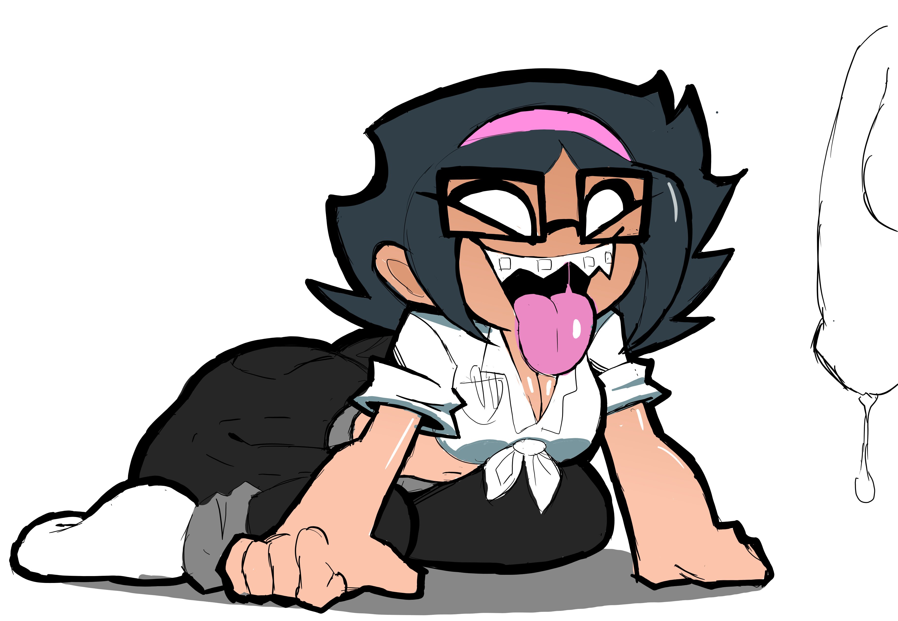 1boy, 1girls, belly button, braces, cleavage, clothed, crop top, dress shirt, drooling, eks-out, fat ass, female, friday night funkin, glasses, hands down, imminent fellatio, male, nene (newgrounds), newgrounds, on the floor, pico's school, precum, smiling, smiling at partner, suggestive look, tongue, tongue out