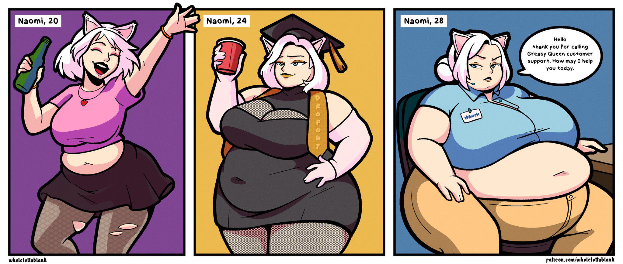 1girls, age progression, animal ears, bbw, before and after, big ass, big belly, big breasts, big hips, big thighs, breasts, chubby, dress, exposed torso, fat, fat cheeks, fat face, female, gigantic belly, gigantic breasts, huge ass, huge belly, huge breasts, huge thighs, massive belly, massive breasts, obese, obese female, overweight, overweight female, skirt, solo female, ssbbw, thick thighs, tight clothing, tight fit, transformation, voluptuous, weight gain, white hair, wholelottablank, wide hips