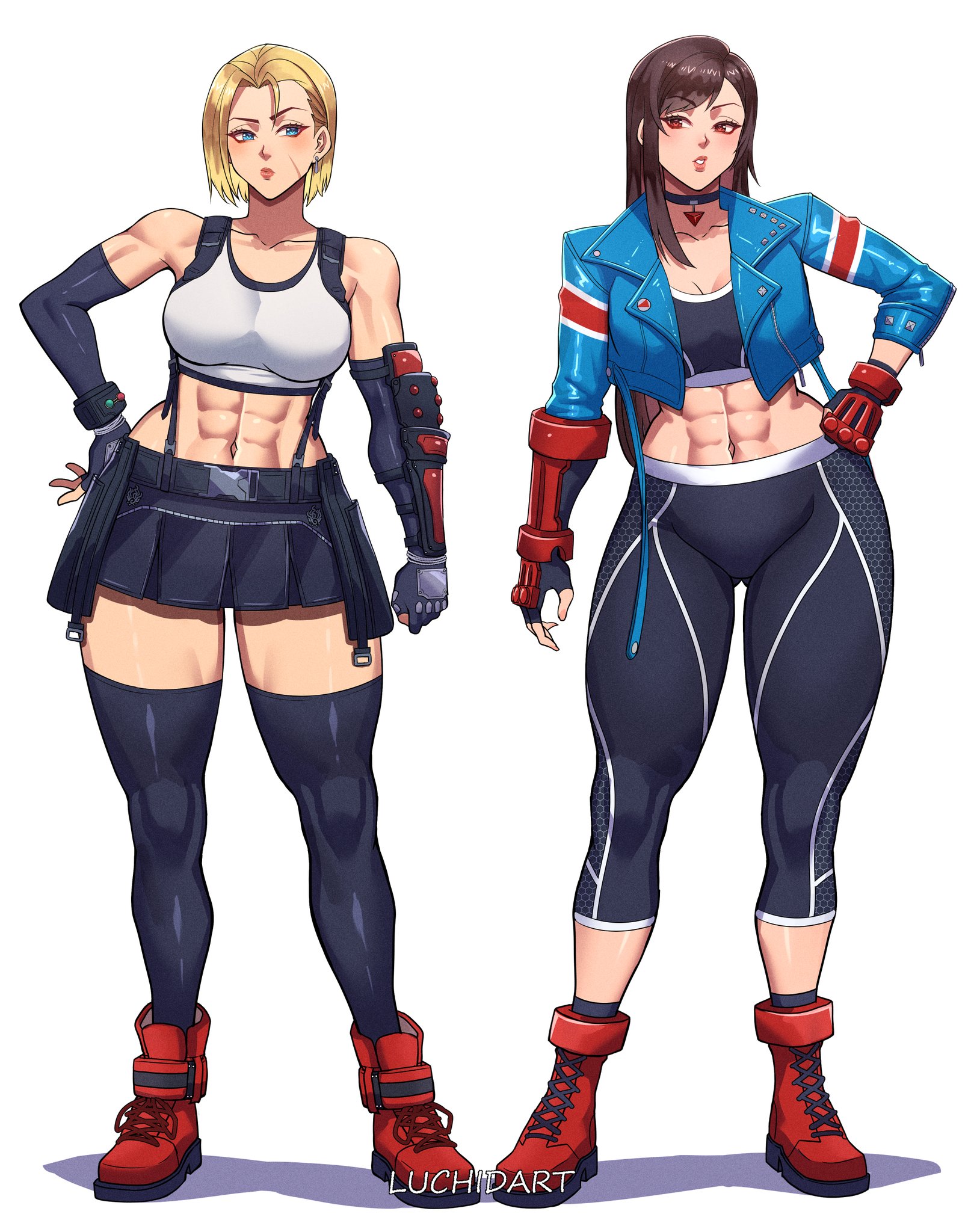 2girls, abs, athletic female, big breasts, black choker, black hair, black legwear, blonde hair, blue eyes, boots, breasts, brown eyes, cammy white, cammy white (cosplay), child bearing hips, choker, cleavage, cosplay, costume switch, cropped jacket, crossover, earrings, elbow gloves, female, female only, final fantasy, final fantasy vii, final fantasy vii remake, fingerless gloves, full body, gloves, hand on hip, jacket, large breasts, luchidart, midriff, multiple females, multiple girls, muscles, muscular, muscular female, navel, outfit swap, pants, red footwear, red gloves, scar, short hair, skirt, sports bra, street fighter, street fighter 6, thighhighs, tifa lockhart, tifa lockhart (cosplay), toned