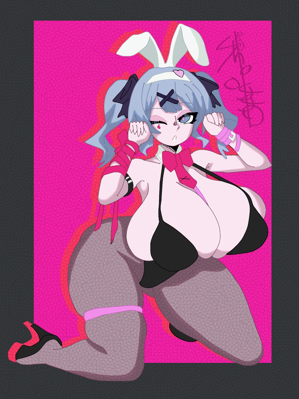 1girl, 1girls, animal ears, big thighs, black leotard, blue eyes, blue hair, bow, breasts, breasts bigger than head, bunny ears, bunnysuit, cleavage, fake animal ears, fat ass, female, fishnet pantyhose, fishnets, hair ornament, hatsune miku, heart, heart-shaped pupils, high heels, huge breasts, hyper, hyper breasts, kneeling, leotard, looking at viewer, one eye closed, pantyhose, playboy bunny, rabbit ears, rabbit hole (vocaloid), ribbon, shoggothiccnsfw, short hair, skindentation, solo, symbol-shaped pupils, tagme, thick thighs, thighs, tie, twintails, vocaloid, wink, x hair ornament