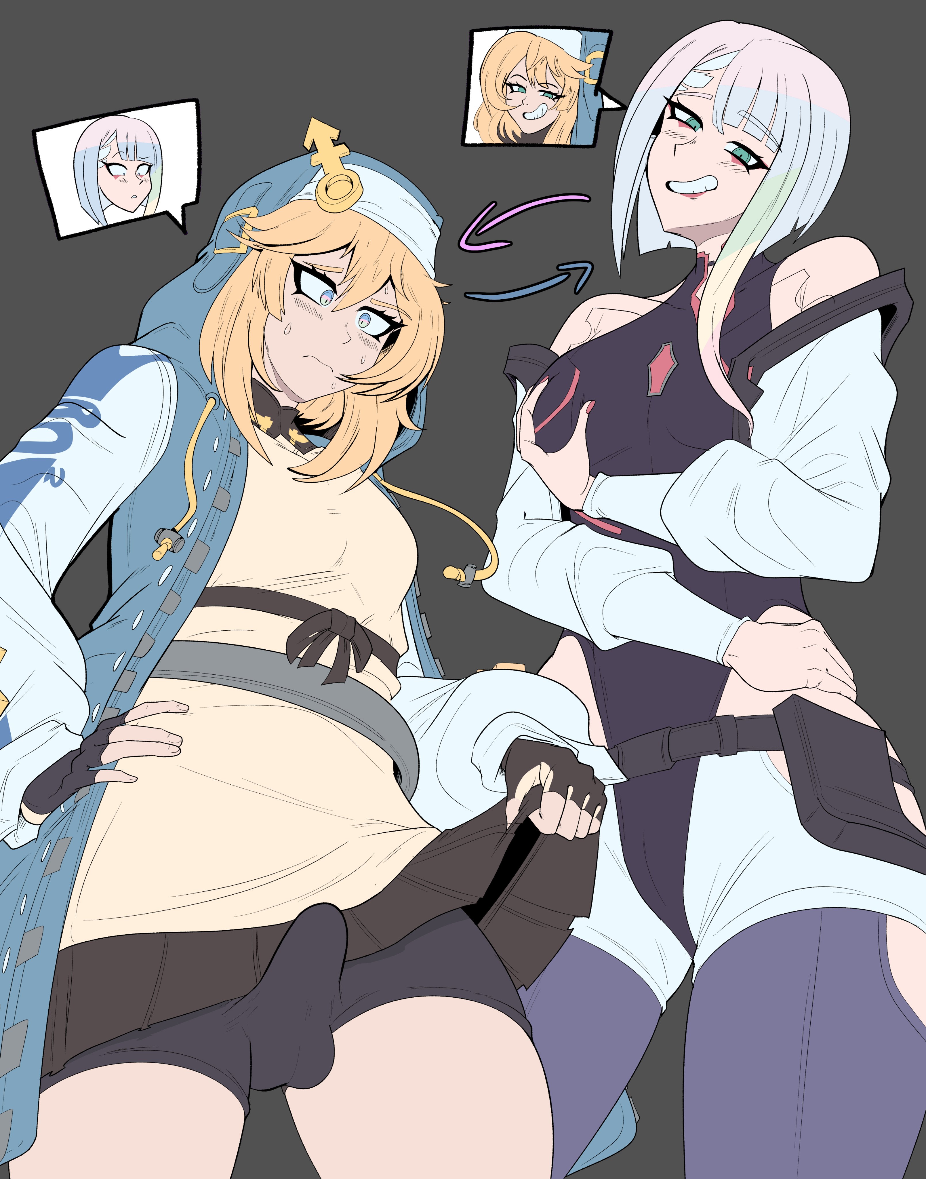 balls, blush, body swap, body switch, breasts, bridget, clothed erection, cyberpunk: edgerunners, erection, female, futanari, groping own breast, guilty gear, intersex, lucyna kushinada, penis, testicles, trans, trans woman, transfem, transgender, transgender woman, verteeg