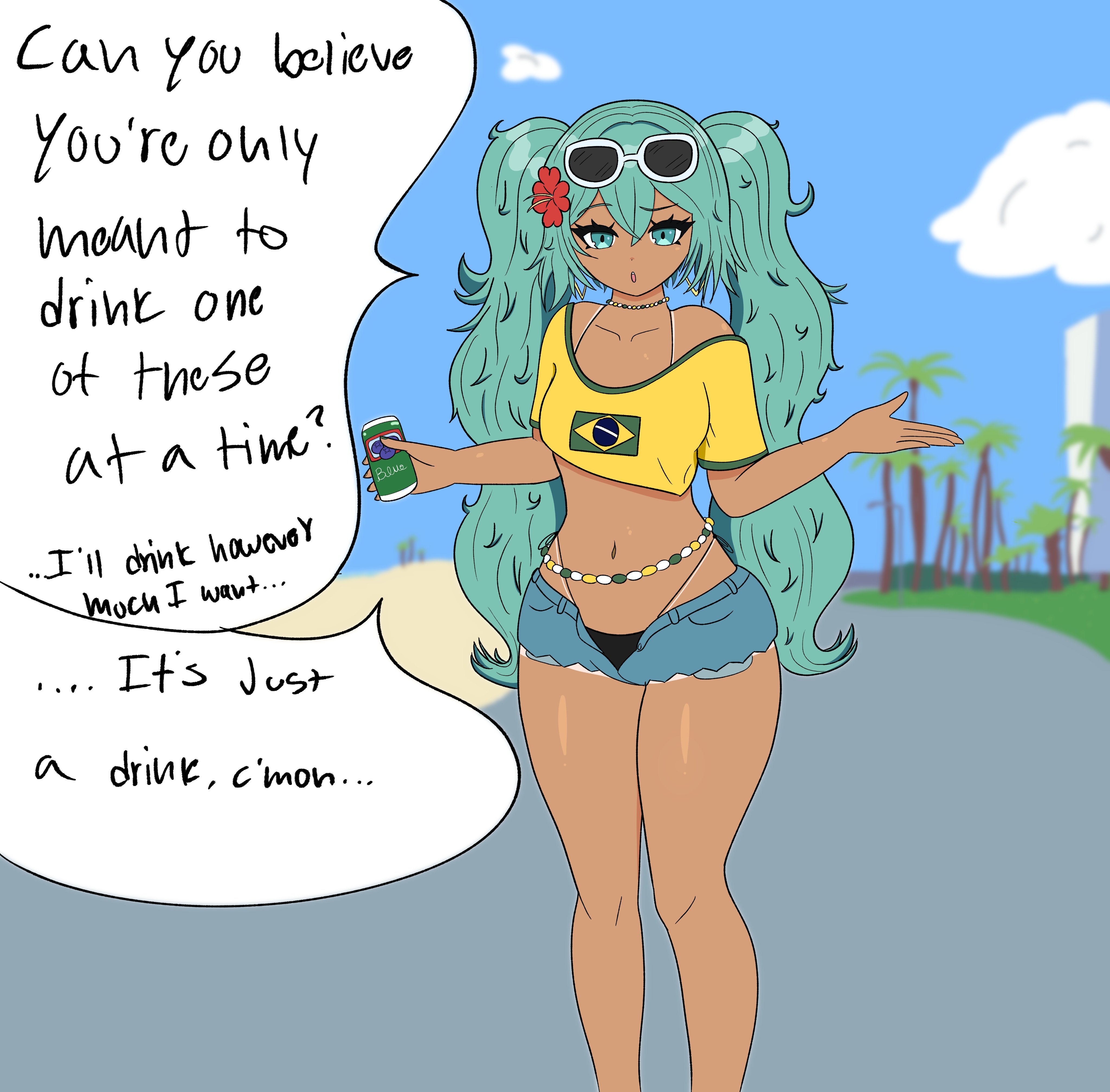 1girl, aqua eyes, aqua hair, big breasts, bikini, bikini under clothes, brazilian miku, breasts, can, choker, crop top, cropped shirt, cutoffs, dark skin, dark-skinned female, day, denim, denim shorts, english text, eyewear on head, female, flower, hair flower, hair ornament, hatsune miku, holding, imminent inflation, jewelry, lasagnainfl, long hair, looking at viewer, midriff, navel, off shoulder, open mouth, outdoors, palm tree, shirt, short shorts, shorts, sky, solo, speech bubble, sunglasses, swimsuit, tagme, tan, thick thighs, tree, twintails, very long hair, vocaloid, wide hips