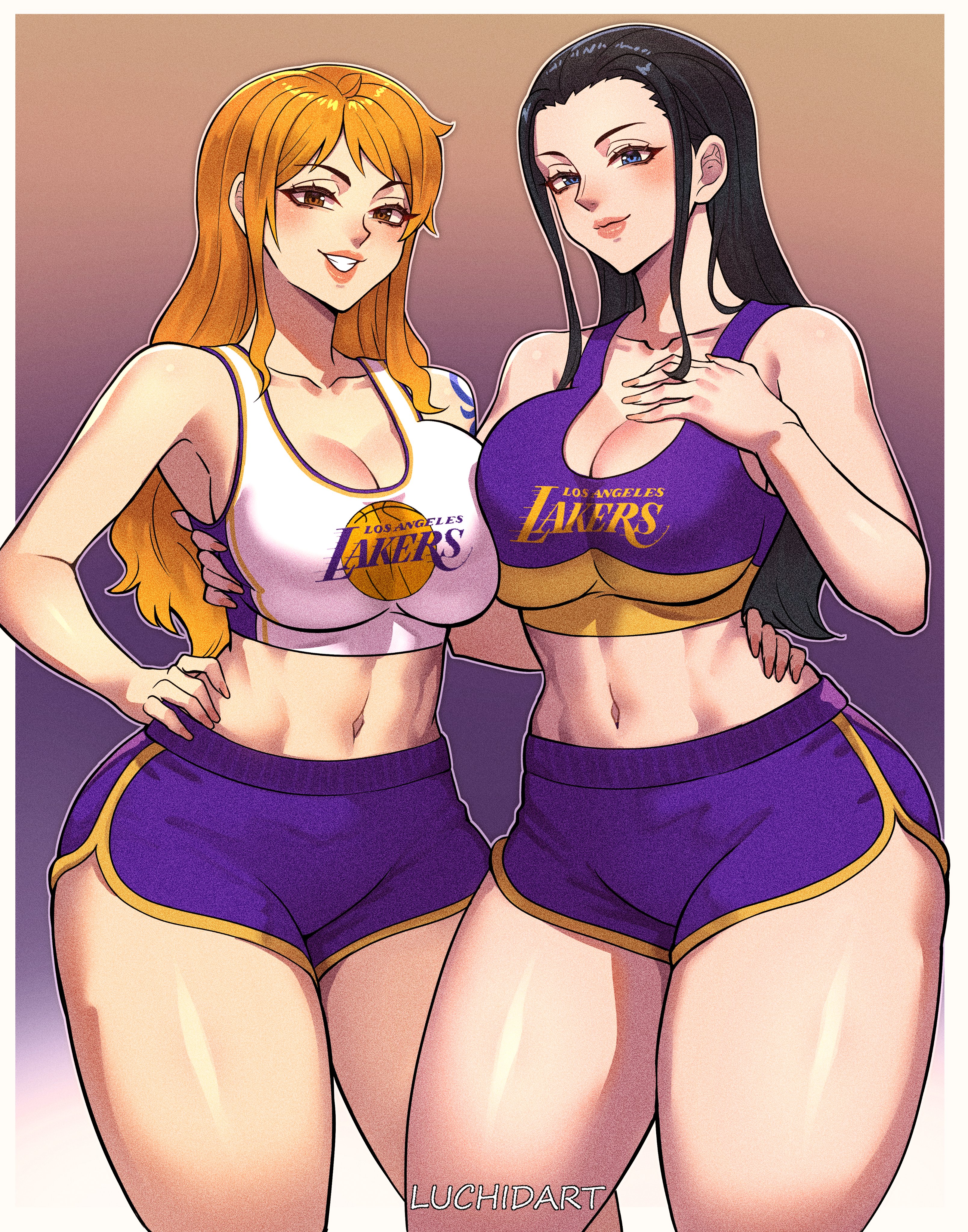 2girls, arm tattoo, bangs, big breasts, black hair, black-haired female, blue eyes, blue tattoo, breasts, brown eyes, cleavage, clothes writing, female, female only, fishnet legwear, fishnets, hand on hip, large breasts, long hair, looking at viewer, los angeles lakers, luchidart, multiple females, multiple girls, nami (one piece), navel, nba, nico robin, one piece, orange hair, orange-haired female, shorts, smile, sportswear, tattoo