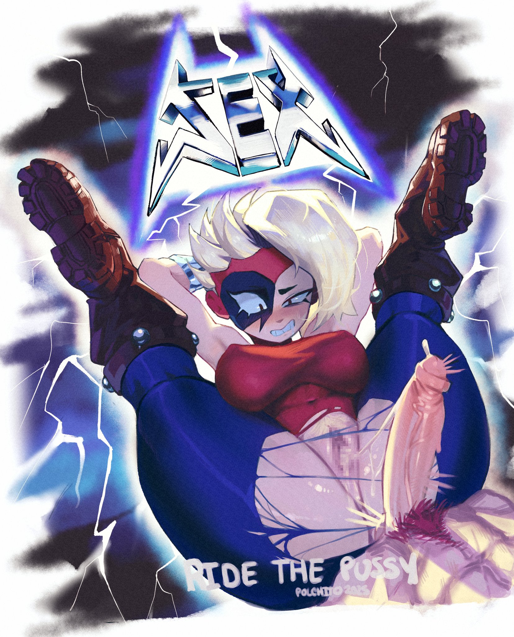 1boy, 1boy1girl, blonde female, blonde hair, brawl stars, censored, cum, cum in pussy, cum inside, draco (brawl stars), embarrassed, female, lumi (brawl stars), male, male/female, metallica, polchito, pussy, ripped clothing, ripped pants, sex, sex symbol, spread legs, supercell