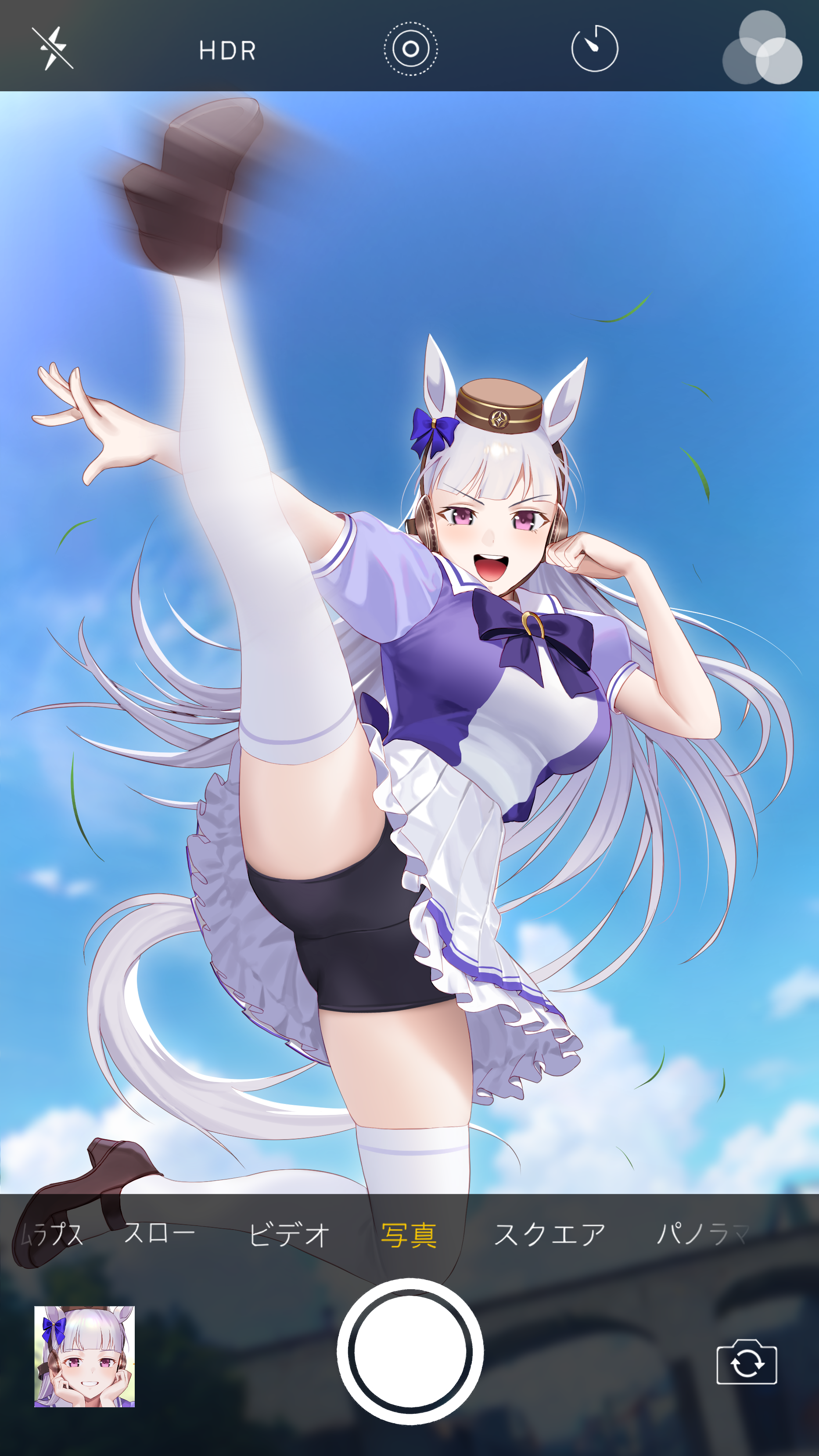 animal ears, blue sky, bow, bowtie, breasts, brown shoes, camera overlay, camera pov, cloud, cloudy sky, female, flying kick, full body, genocide cutter, gold ship (umamusume), hairbow, hat, highres, horse ears, horse girl, horse tail, horseshoe ornament, iphone, kicking, long hair, motion blur, open mouth, outdoors, purple bow, purple eyes, pussy, school uniform, shoes, skirt, sky, solo, tagme, tail, teeth, the king of fighters, thighhighs, tracen school uniform, ugohato, umamusume, uncensored, upper teeth only, white hair, white skirt, white thighhighs