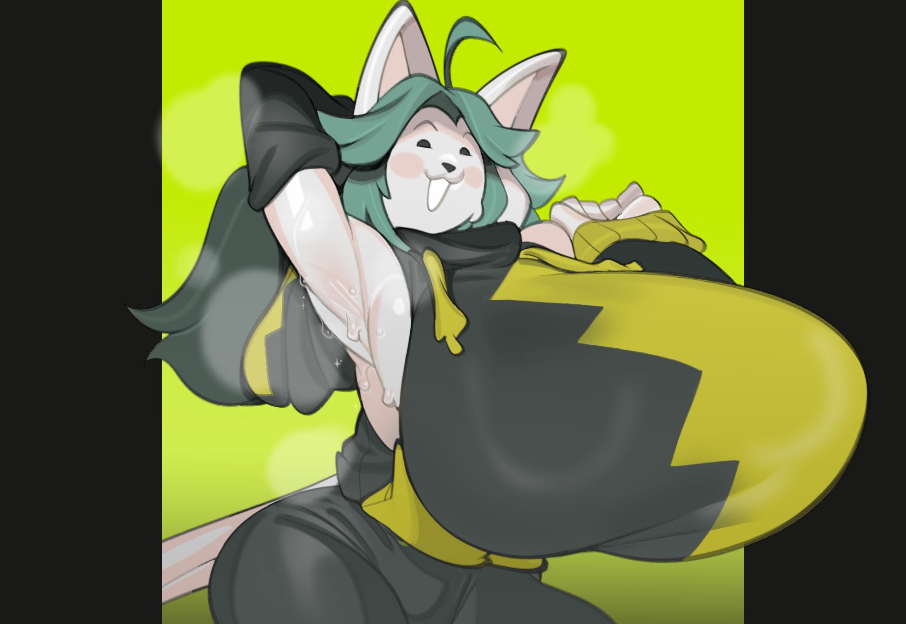 1girls, 2020s, 2025, 2d, 4 ears, 4 fingers, anthro, anthro female, anthro only, big breasts, big hands, black hoodie, black pants, blush, blushing female, breaking the fourth wall, breasts, breasts bigger than head, cat ears, cat girl, cat tail, colored, digital drawing (artwork), digital media (artwork), dot eyes, felid, feline, female, flat background, fluffy hair, furry, furry female, furry only, gigantic boobs, gigantic breasts, green background, green hair, hi res, highres, hoodie, huge boobs, huge breasts, landscape, large boobs, large breasts, lime background, long hair, long tail, no background, no text, open mouth, open mouth smile, pants, pillarbox, png, png conversion, round head, side view, sleeves removed, slim tail, small waist, solo, solo anthro, solo female, solo focus, submarine screw, sweat, tagme, temmie, temmie (undertale), thick thighs, toby fox (copyright), trend, two-tone clothing, white body, white fur, white mouth, white skin, wide hips, windowboxed, yellow hoodie, yellow pants