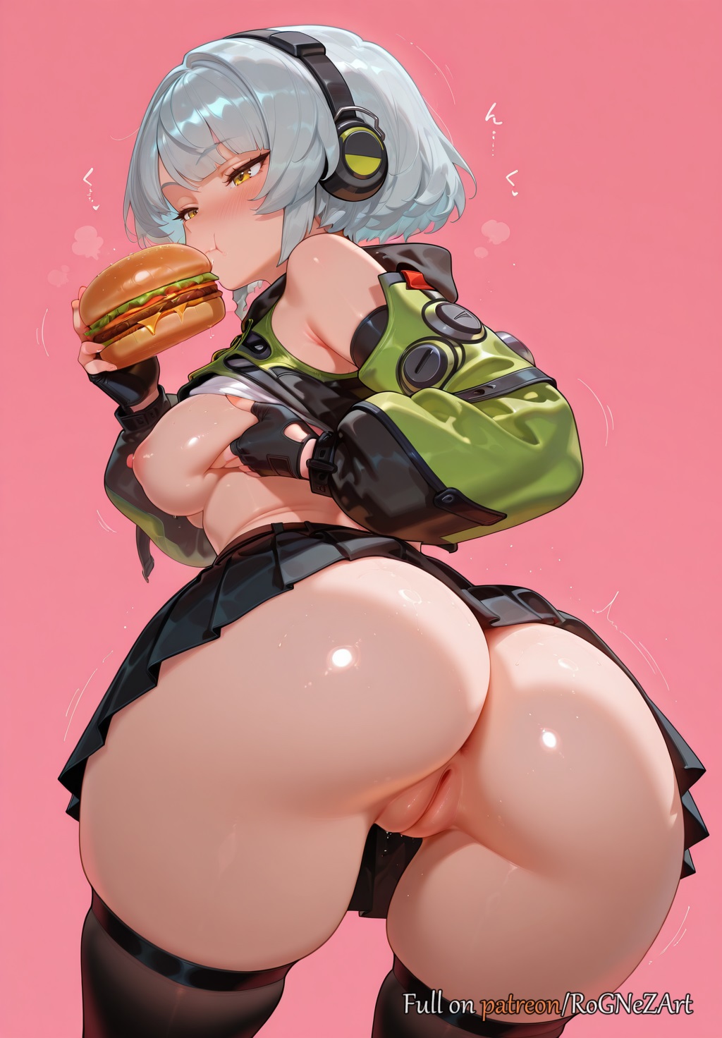 2025, ai generated, anby demara, anus, ass, bangs, bare shoulders, black gloves, black skirt, black thighhighs, blush, breasts, burger, buttocks, cleavage, commando, crop top, detached sleeves, eating, explicit, exposed nipples, female, female focus, female only, fingerless gloves, flushed, food, from behind, gloves, green jacket, grey hair, handwear, headphones, highres, holding, holding food, hoyoverse, huge breasts, jacket, large breasts, mihoyo, nipples, no panties, patreon, pink background, pleated skirt, pussy, pussy juice, rognezart, shiny, shiny skin, short hair, simple background, skindentation, skirt, solo, sweat, thighhighs, uncensored, wise (zenless zone zero), yellow eyes, zenless zone zero