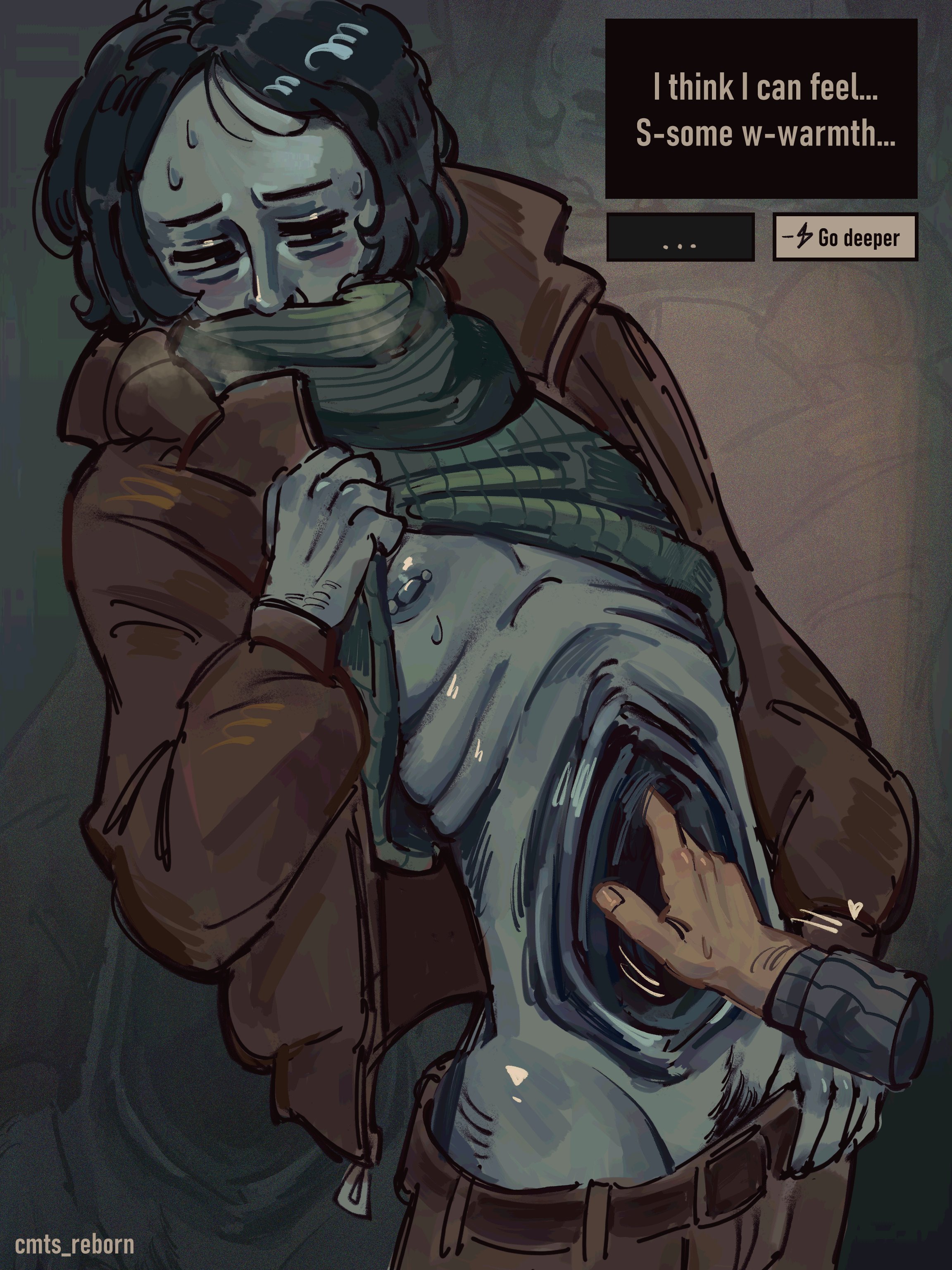 2boys, blue body, blue hair, blue skin, blush, cmts reborn, cmts rebornnn, coat, coat guy (no, i'm not a human), creepy, disembodied hand, english text, gay, male, male only, nipple piercing, no, i'm not a human, protagonist (no, i'm not a human), pubic hair, pubic hair peek, ribs, scarf, shirt lift, solo focus, sweat, sweater, sweater lift, uncommon stimulation, unusual anatomy, yaoi