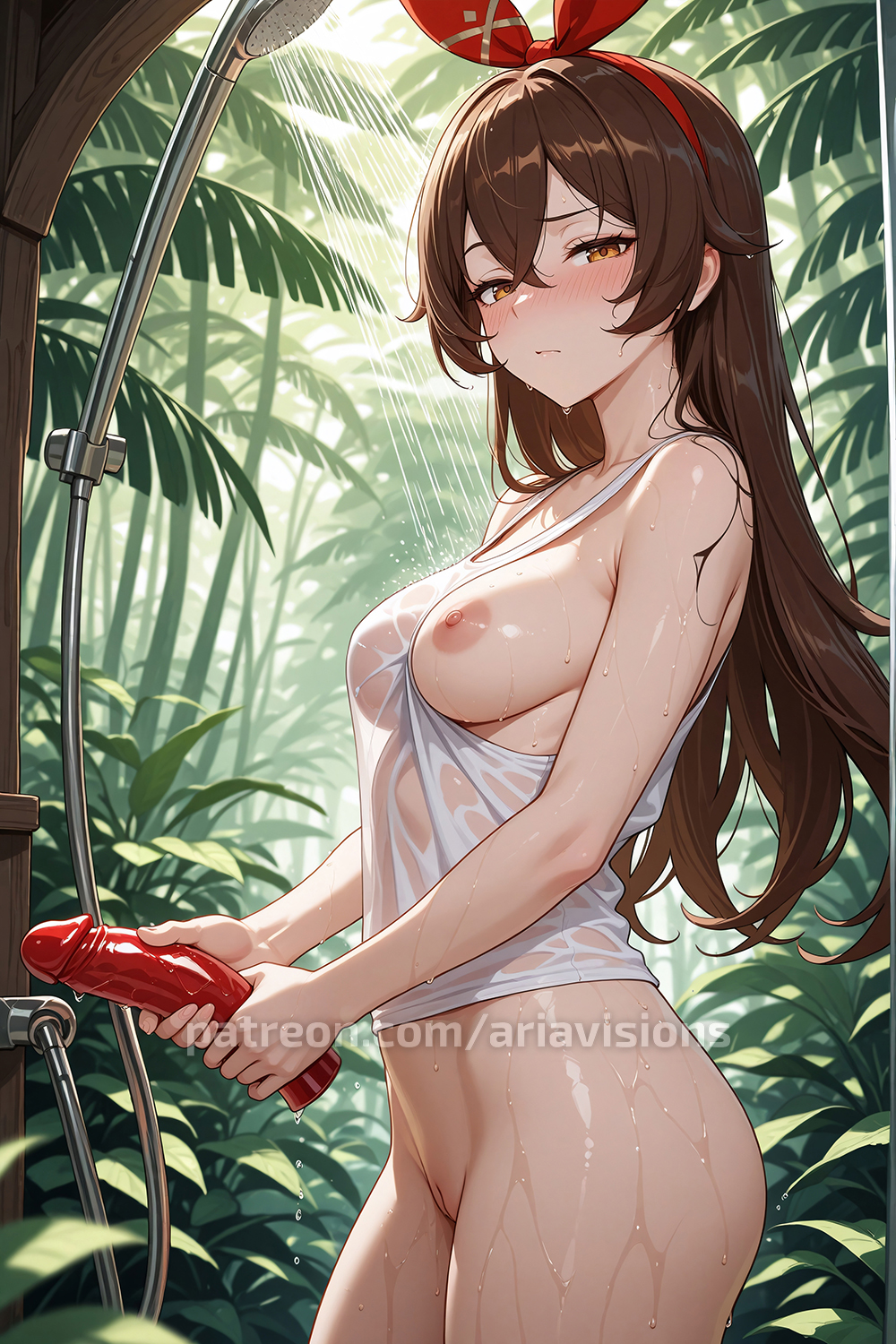 ai generated, amber (genshin impact), ariavisions, bandana, blush, bottomless, breasts, brown eyes, brown hair, female, genshin impact, hair between eyes, half-closed eyes, headwear, holding dildo, long hair, looking at viewer, nipples, one breast out, pussy, see-through clothing, shower, uncensored