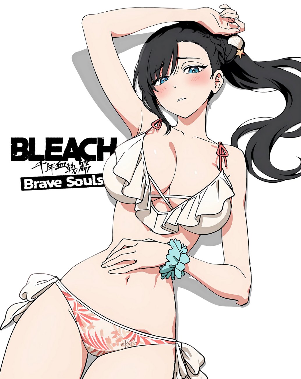 1girls, arm up, asymmetrical bangs, big breasts, bikini, bikini bottom, bikini top, black, black hair, bleach, bleach brave souls, blue eyes, blue sky, blush, braided hair, breasts, burn the witch, busty, cleavage, cleavage cutout, closed mouth, clothed, clothing, collaboration, collarbone, embarrassed, fanart, female, female focus, female only, floral print, frilled bikini, frills, hair ornament, hair tie, high resolution, highres, hourglass figure, kuro (kuro293939/kknsjamrmttem96), large breasts, legs, legs together, light skin, light-skinned female, logo, long hair, looking at viewer, lying, lying on back, navel, no background, noel niihashi, official alternate costume, on back, pattern bottomwear, pattern clothing, ponytail, raised arm, scrunchie, seashell, seashell hair ornament, second-party source, shell, shy, side ponytail, side-tie bikini, side-tie bikini bottom, simple background, solo, solo female, solo focus, starfish, starfish (accessory), starfish hair ornament, string bikini, swept bangs, swimsuit, swimwear, text, tied hair, white background, white bikini, wrist scrunchie, wristwear