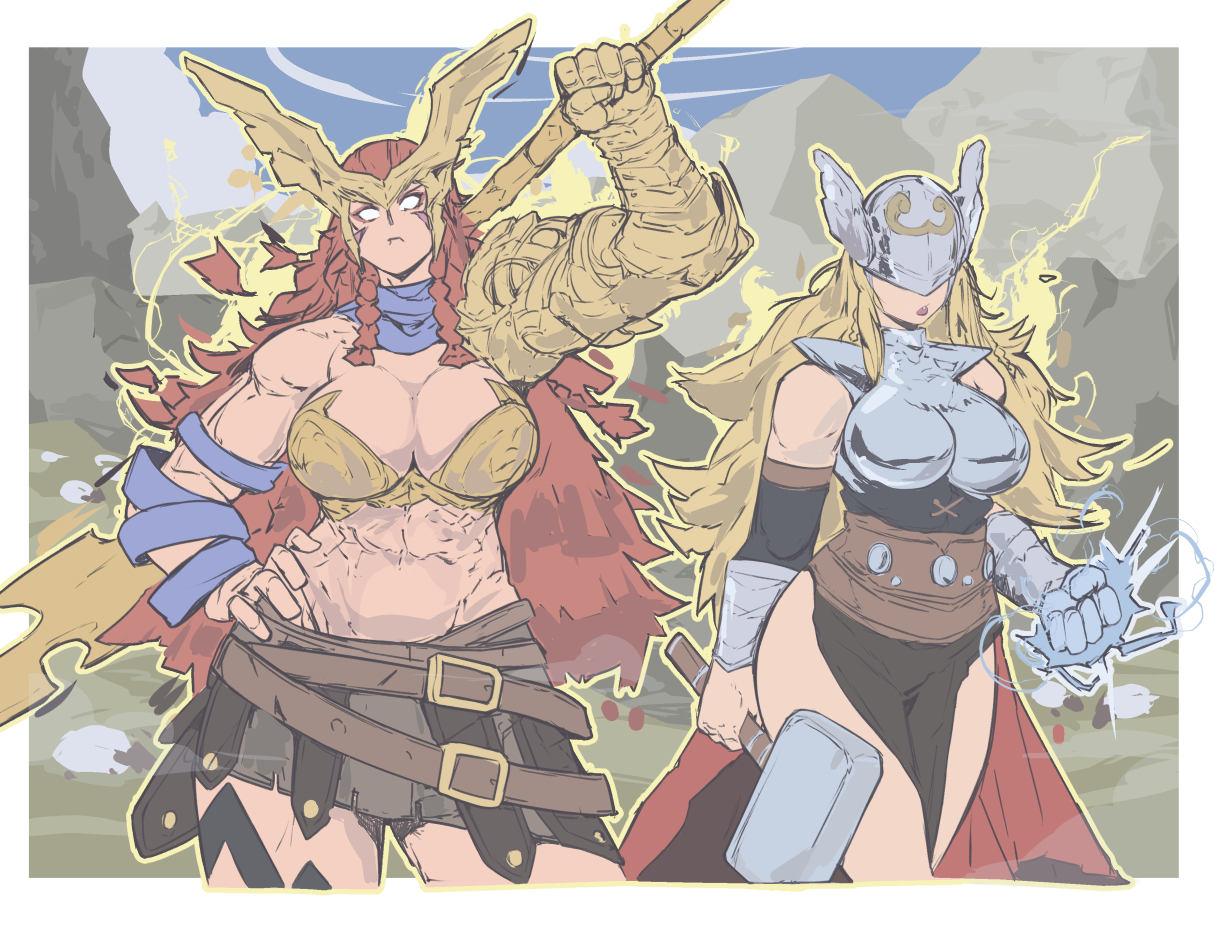 2girls, 7 passes, abs, angela (aldrif odinsdottir), big ass, big breasts, breast size difference, breasts, cleavage, female, female only, jane foster, lady thor, marvel, marvel comics, marvel rivals, muscular, muscular female, thick thighs, thor (series)
