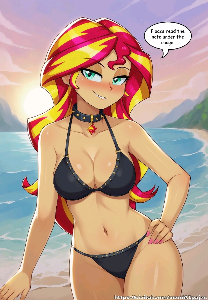 1girls, 2025, 5 fingers, aged up, ai generated, aipajac, ascended/redeemed villainess, bare shoulders, beach, beach background, belly, big breasts, bikini, black bikini, black panties, black swimsuit, blush, breasts, civitai, cleavage, curvy, curvy female, deviantart, deviantart link, english dialogue, english text, equestria girls, eyebrows, eyebrows visible through hair, female, female protagonist, first porn of artist, green eyes, hand on hip, human, humanized, humanized pony, inner sideboob, large breasts, light-skinned female, long hair, looking at viewer, my little pony, navel, ocean, outdoors, outside, pink nails, red and yellow hair, red hair, sea, seductive, seductive look, seductive smile, shiny skin, smile, solo, speech bubble, spiked collar, sun, sunglasses, sunset, sunset shimmer, swimsuit, swimwear, talking to viewer, two-tone hair, water, western cartoon