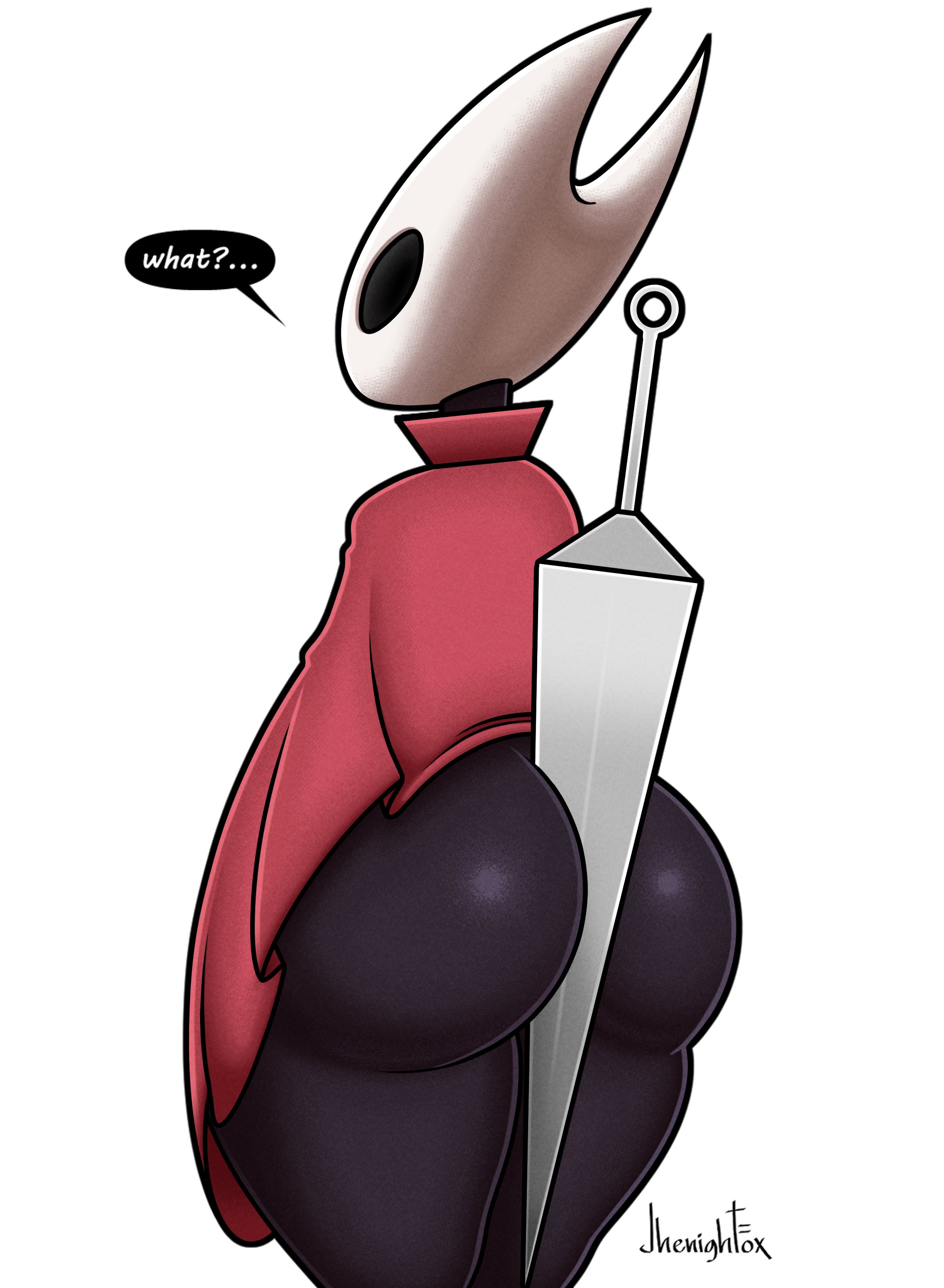 absurd res, anthro, ass, between buttocks, big butt, biped, black body, clothed, clothing, dialogue, female, glistening, glistening body, hi res, holding object between buttocks, hollow knight, hornet (hollow knight), jhenightfox, melee weapon, no underwear, red clothing, simple background, solo, speech bubble, standing, team cherry, text, thick thighs, three-quarter view, vessel (species), weapon