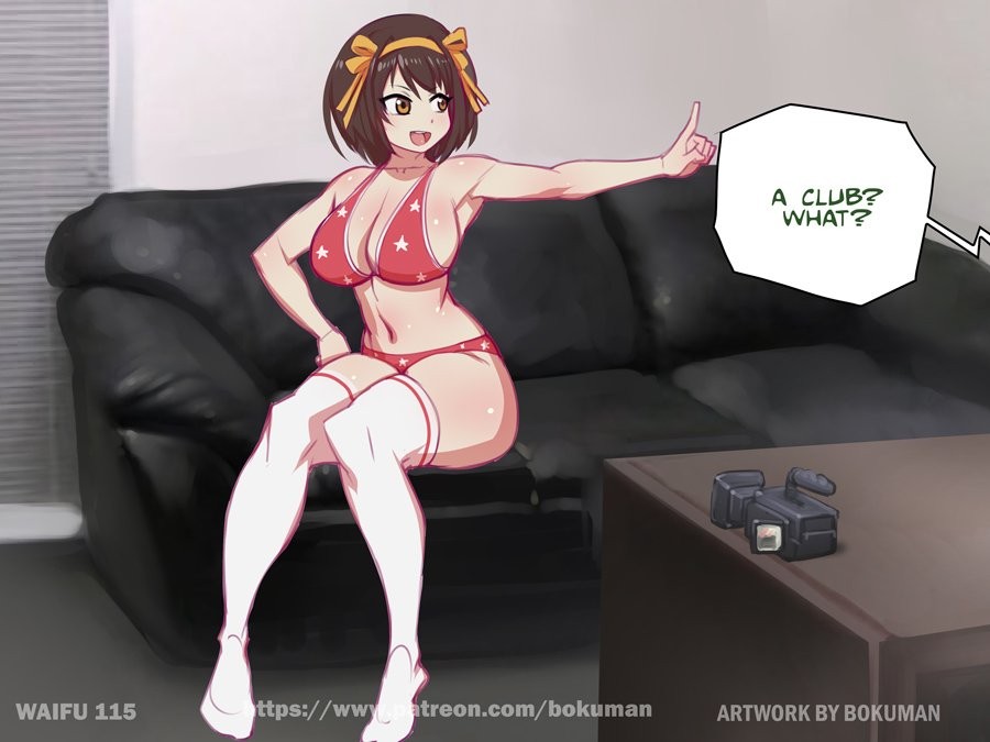 big breasts, big thighs, black sofa, bokuman, bra, breasts, brown hair, dark yellow eyes, extended arm, female, hair clip, large breasts, light-skinned female, panties, raised finger, red bra, red panties, stockings, suzumiya haruhi, suzumiya haruhi no yuuutsu, voluptuous female, waifuhub, white socks