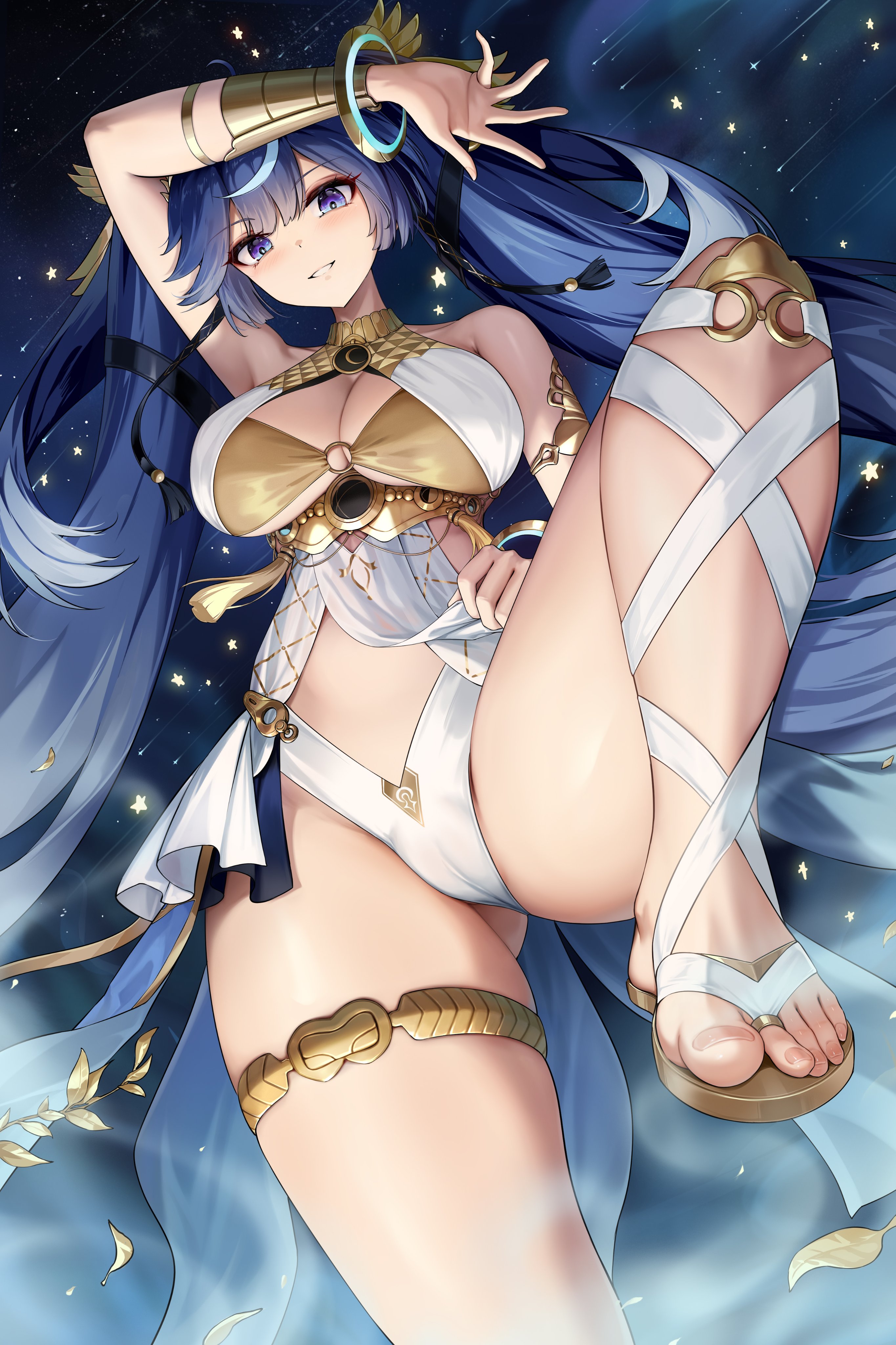 absurdres, ancient greek clothes, arm up, armlet, barefoot, black skirt, blue eyes, blue hair, breasts, cleavage, commentary, feet, female, foot out of frame, from below, greco-roman clothes, hair belt, head wreath, highres, iuno (wuthering waves), jewelry, large breasts, leg wrap, long hair, looking at viewer, looking down, miniskirt, niliu chahui, parted lips, showgirl skirt, skirt, smile, solo, symbol-only commentary, thighlet, thighs, toenails, toes, underboob, very long hair, wuthering waves